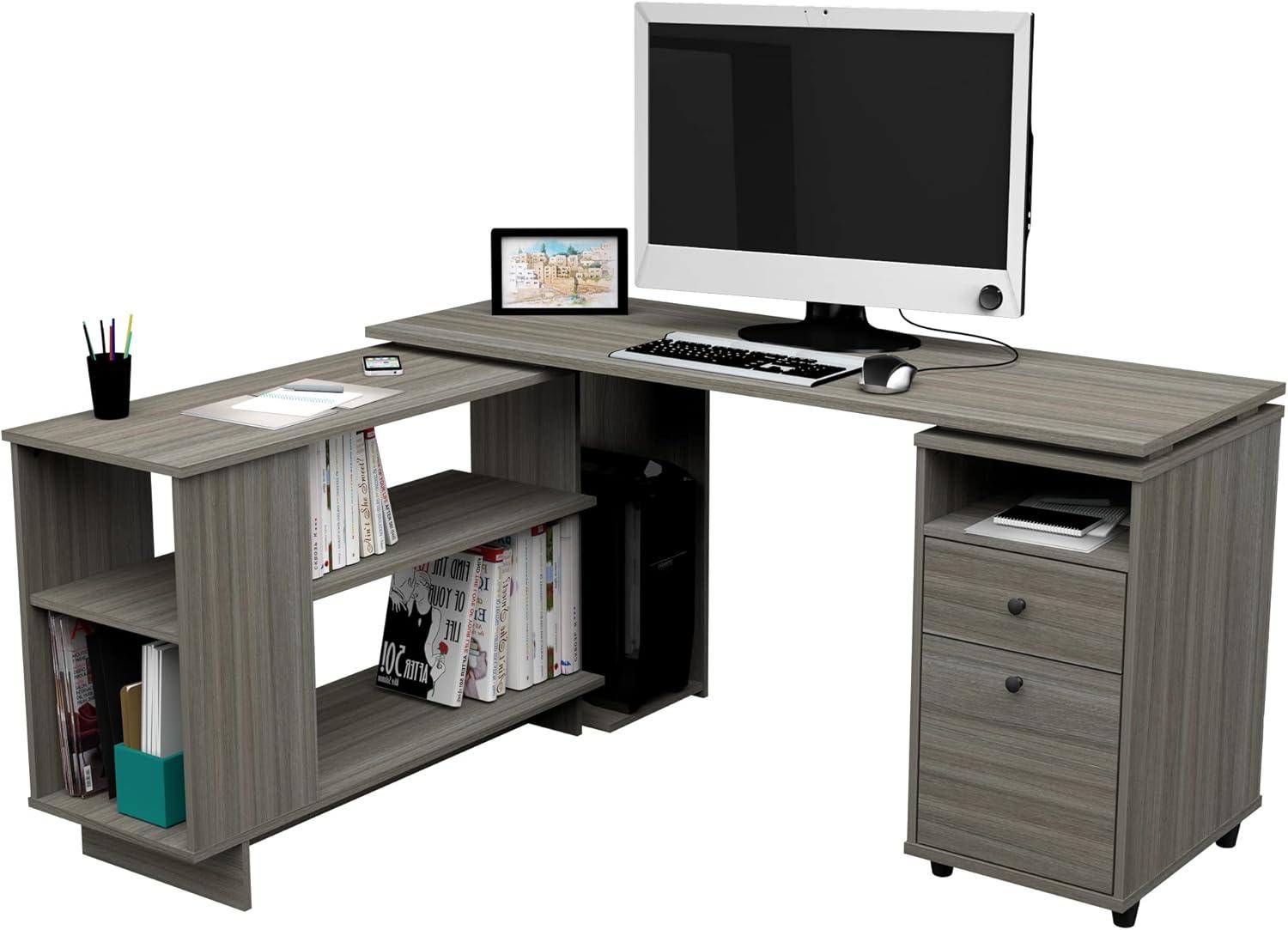 Inval L-Shaped Reversible Computer Desk, Smoke Oak