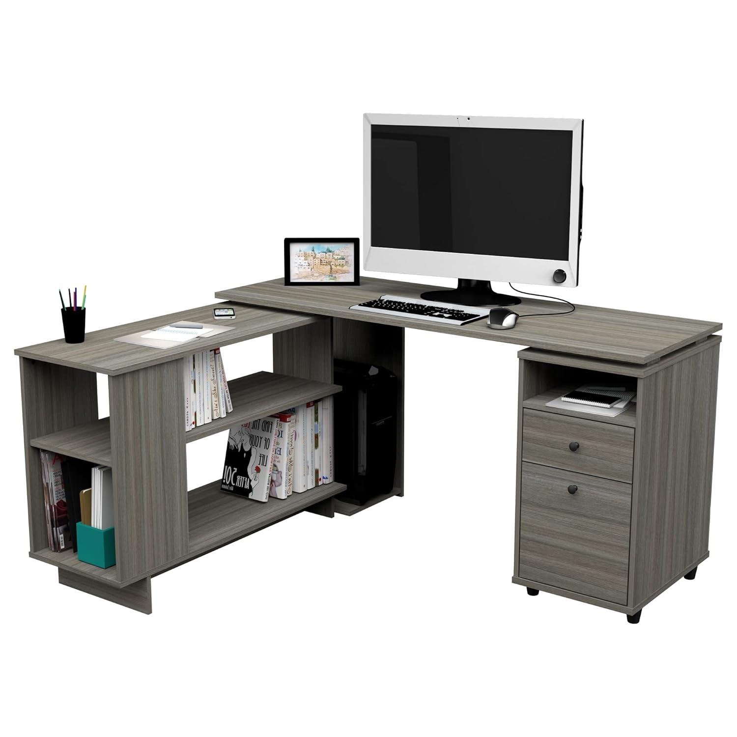 Inval L-Shaped Reversible Computer Desk, Smoke Oak