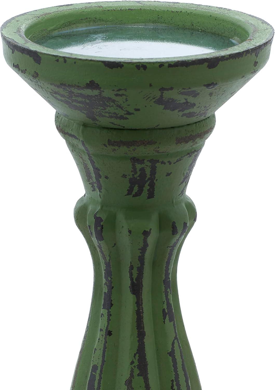 DecMode 3 Candle Green Wooden Distressed Turned Pillar Candle Holder, Set of 3