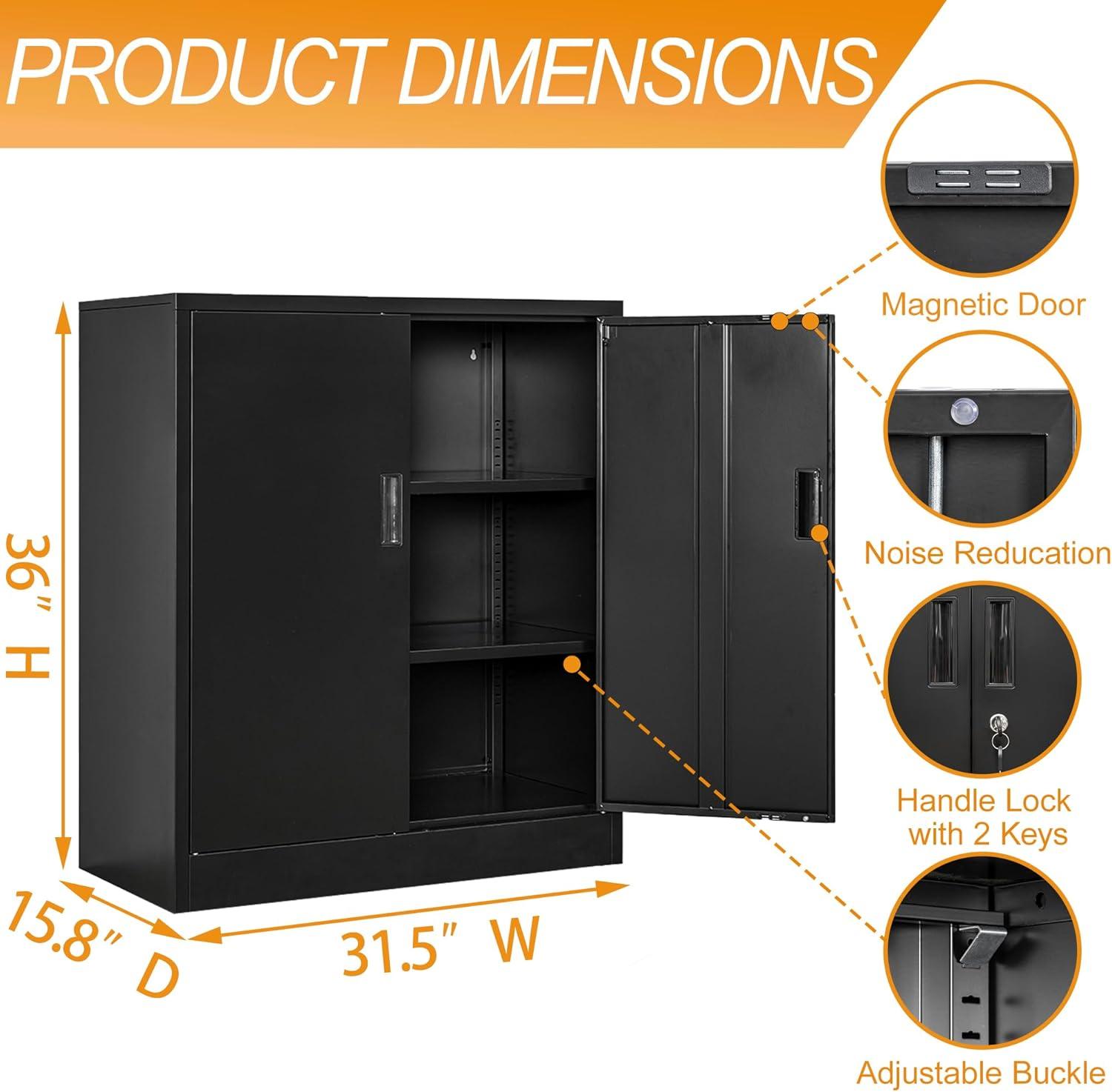 Metal Storage Cabinet, 36" H Locking Storage Cabinet with Adjustable Shelves, Steel Storage Cabinet for Garage, Home, Office, Utility Room-Black