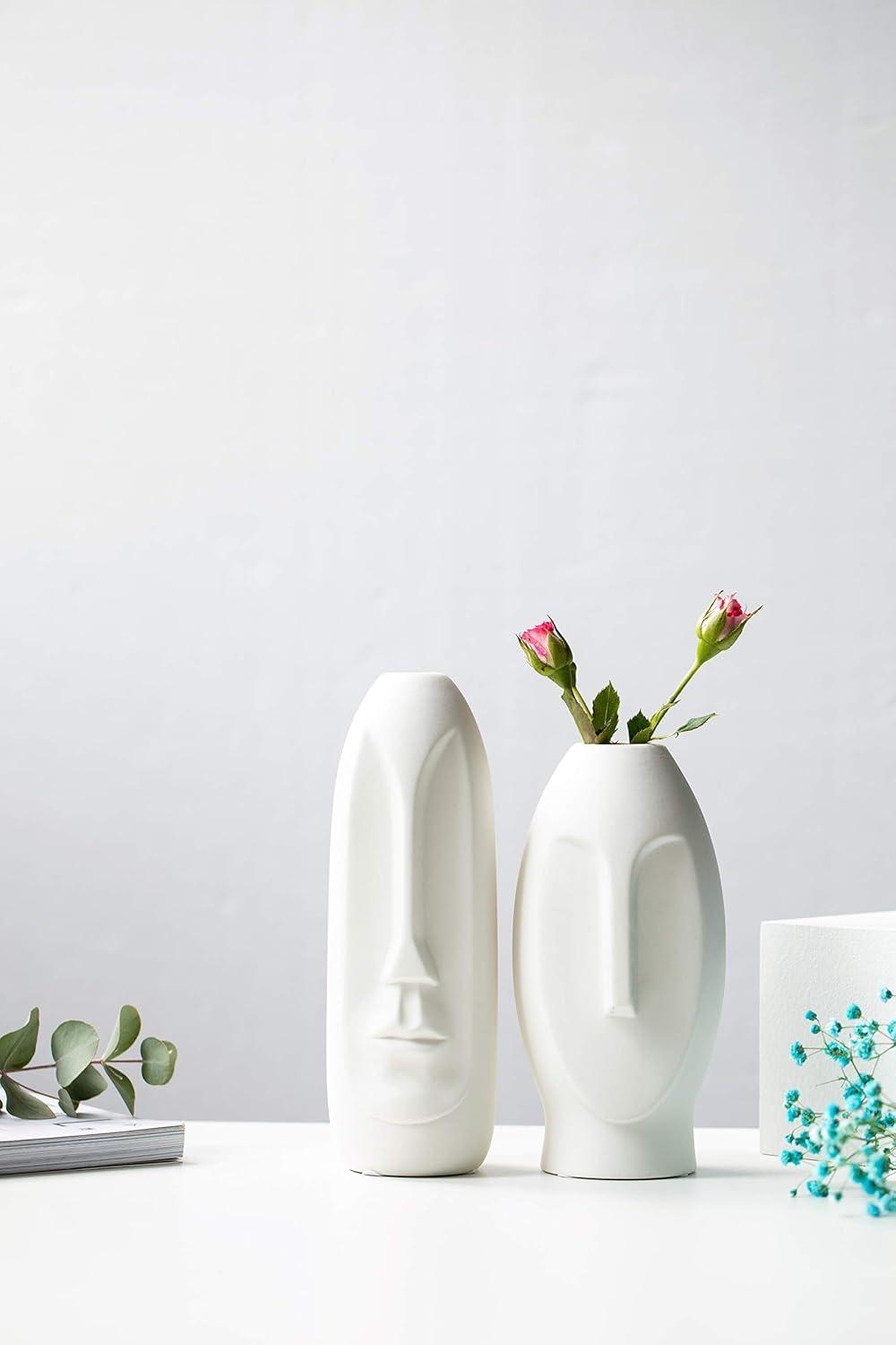 Ivy Bronx Face Vase Set of 2 - White Modern Vase. Ceramic Statue Human Face Vase Decor and Sculpture Decor