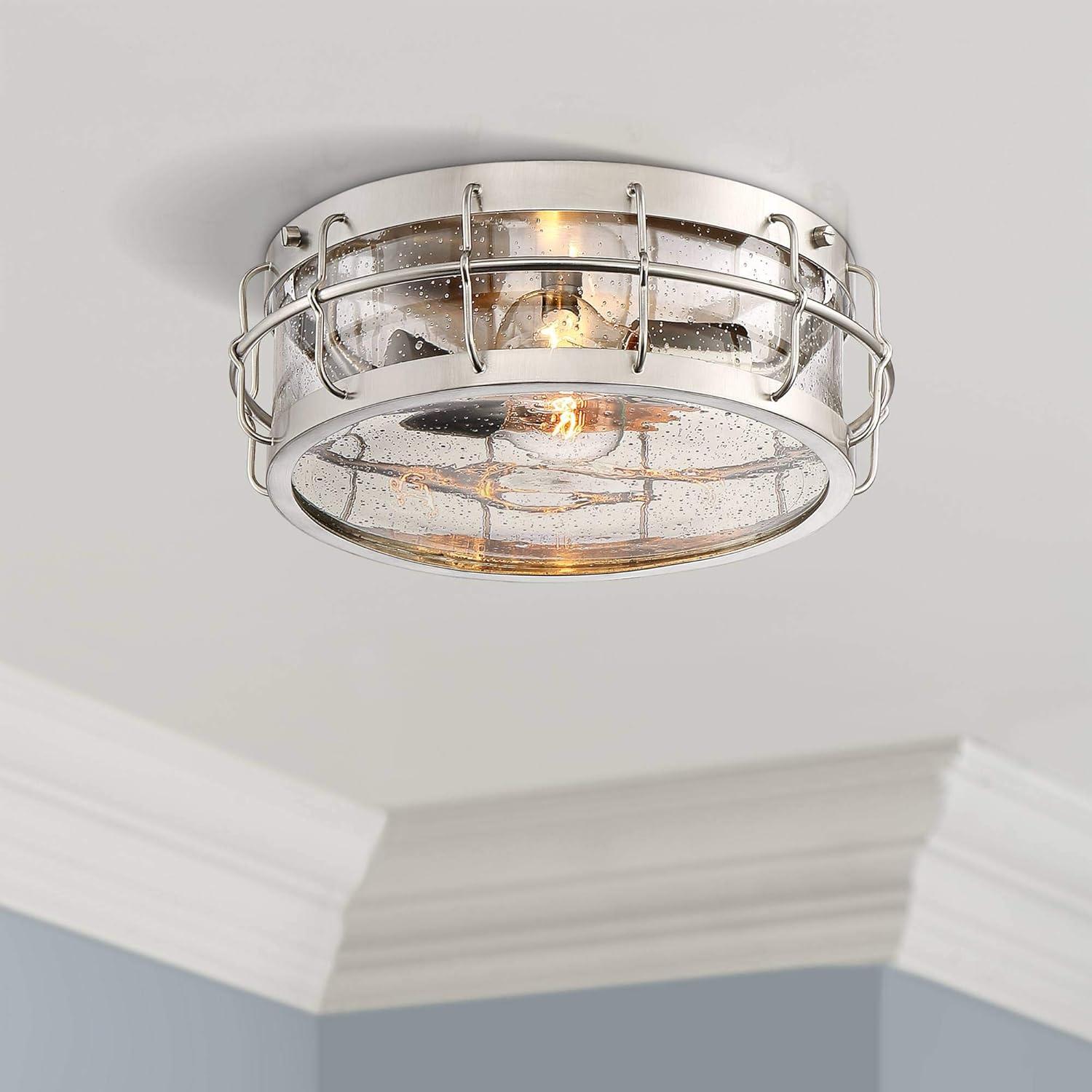 Possini Euro Design Aya Modern Industrial Ceiling Light Flush Mount Fixture 13 1/4" Wide Satin Nickel 2-Light Cage Clear Seeded Glass for Bedroom Home