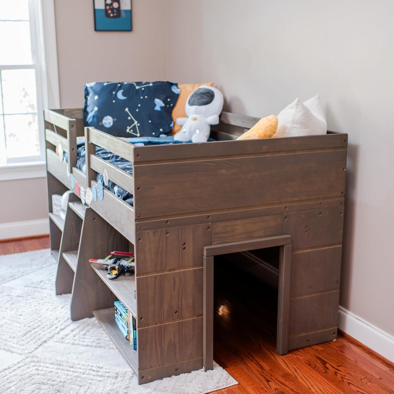 Max & Lily Solid Wood Modern Farmhouse Low Loft Bed, Twin Bed Frame for Kids with 2 Bookcases