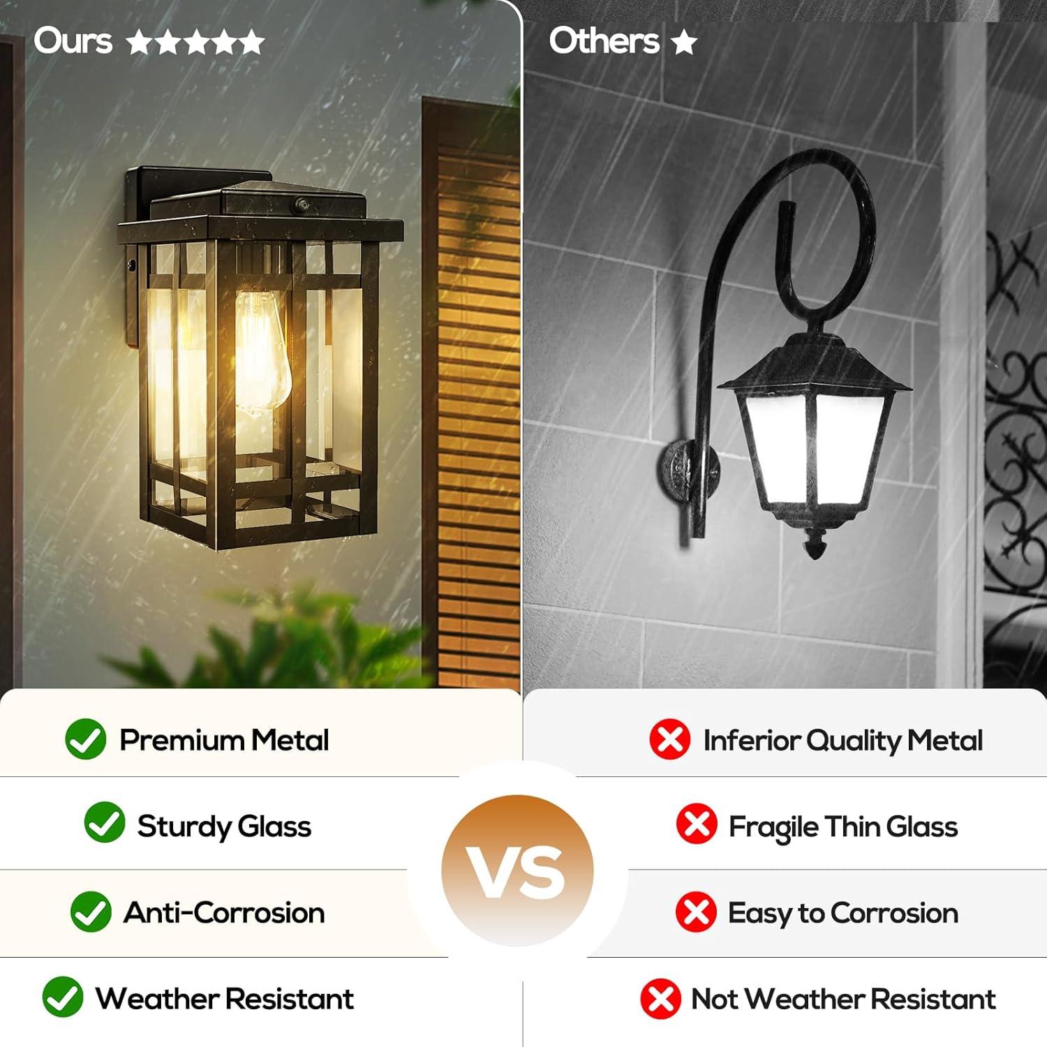 Black Modern Outdoor Wall Lanterns with Tempered Glass Shade, 9.76''