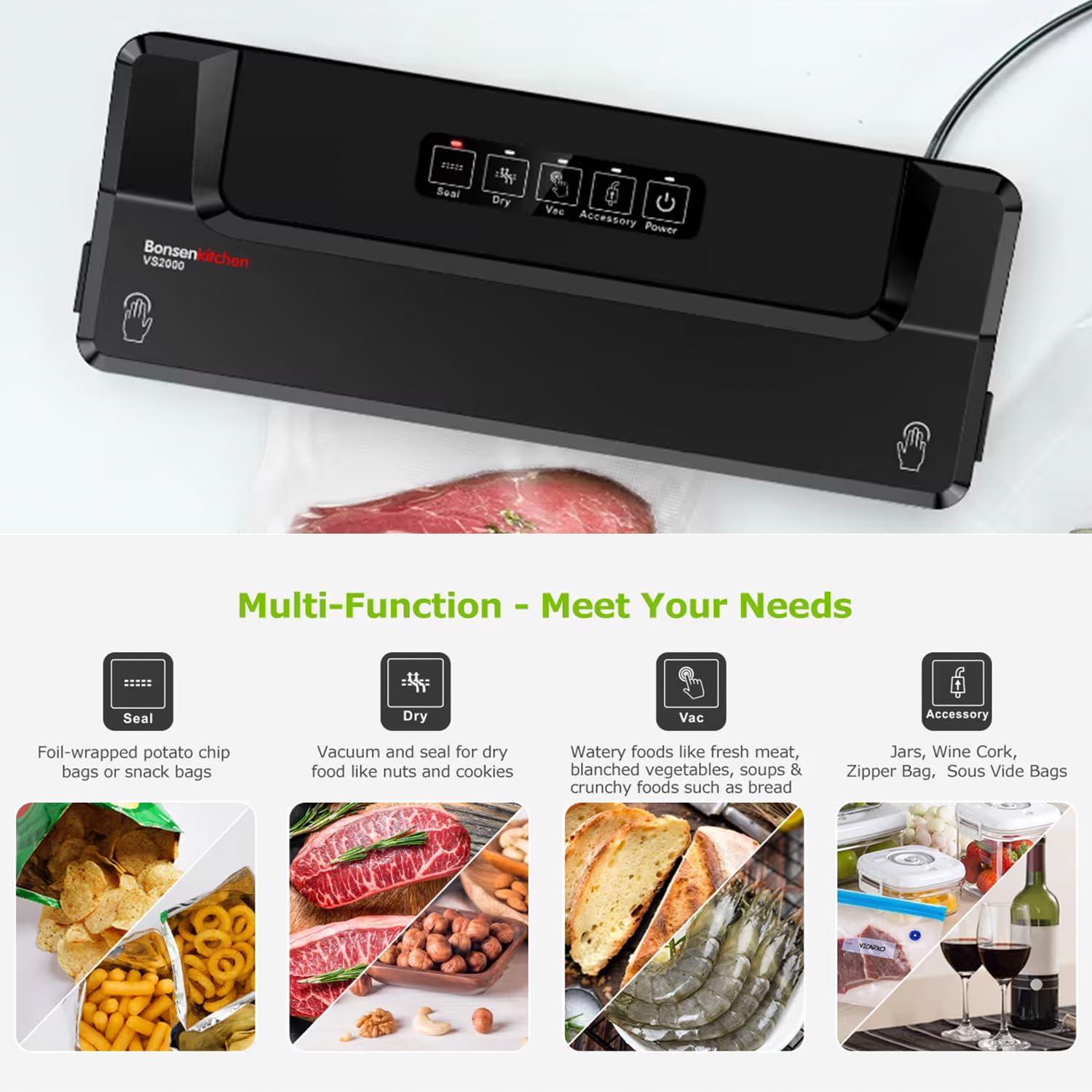 Bonsenkitchen Multi-Functional Food Vacuum Sealer with Globefish Technology for High-Speed Continuous Working, Vacuum Bags & Accessory Hose, Black