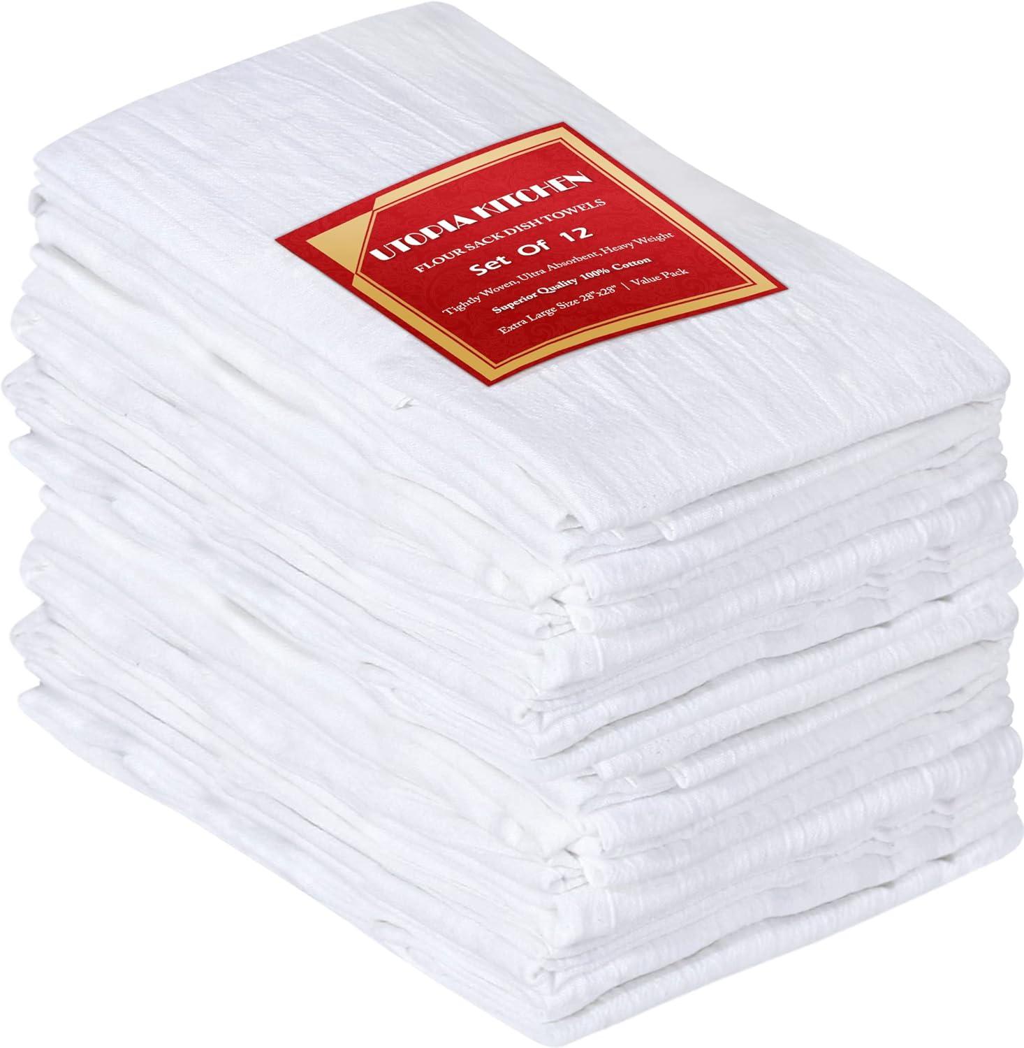 Utopia Kitchen [12 Pack - 28 x 28 Inches White Flour Sack Towels 100% Cotton Tea Towels for Cleaning & Drying - Highly Absorbent Kitchen Dish Towels C43