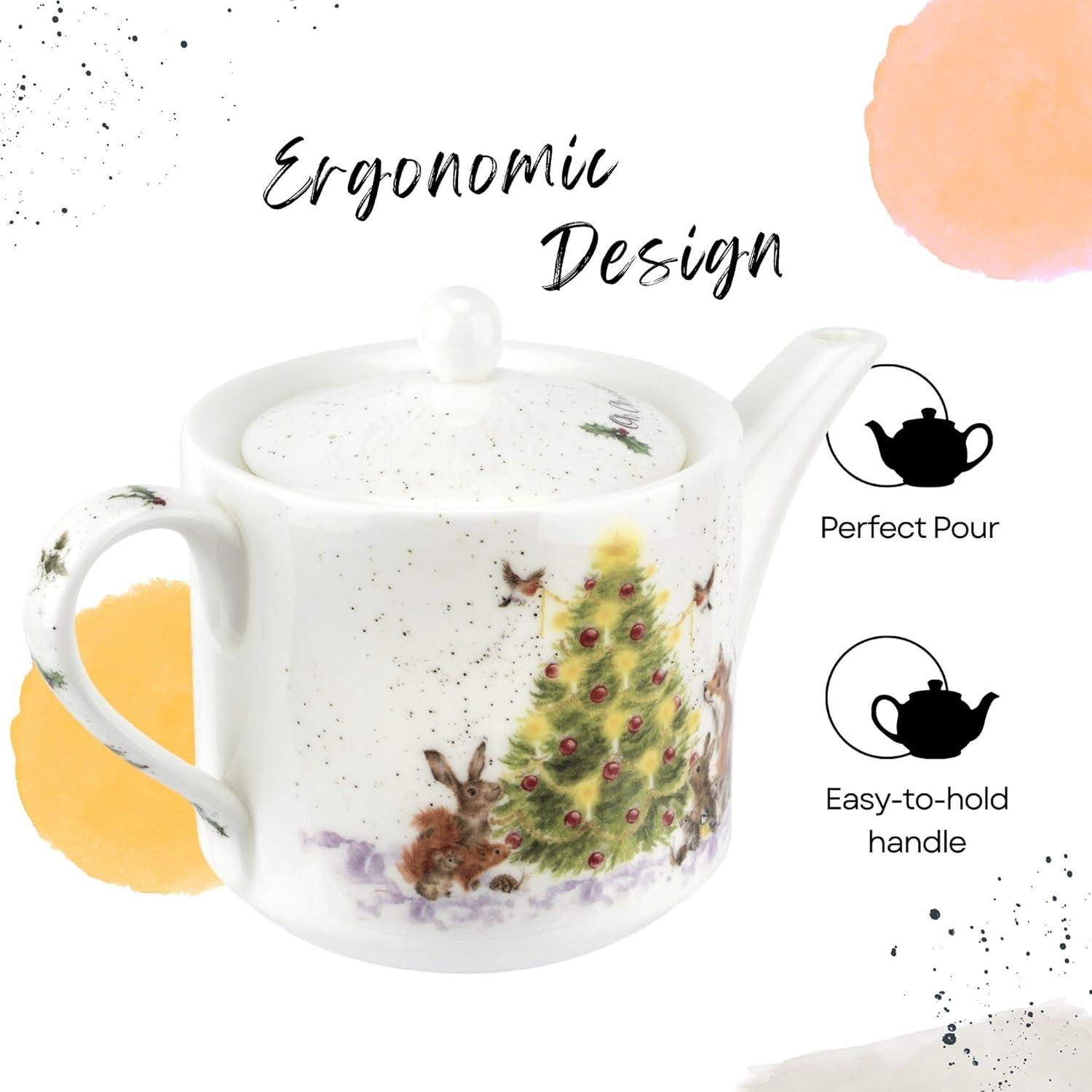 Spode Royal Worcester Oh Christmas Tree 16 Oz Teapot - Fine Bone China Tea Pot - Hand-Painted Woodland Critters, Dishwasher & Microwave Safe
