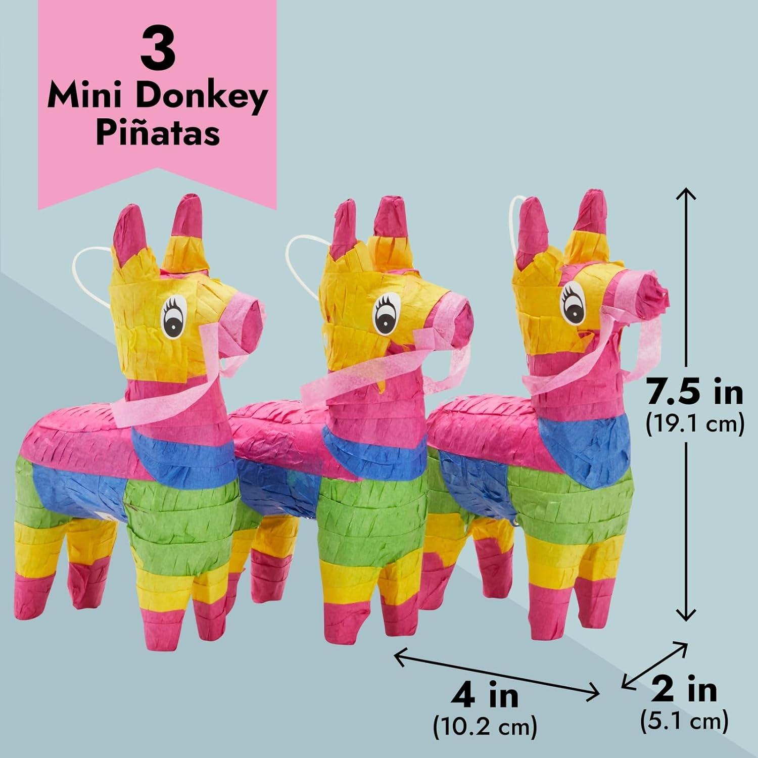 Mini Multicolor Tissue Paper Donkey Pinatas for Birthday Parties, 3 Pack