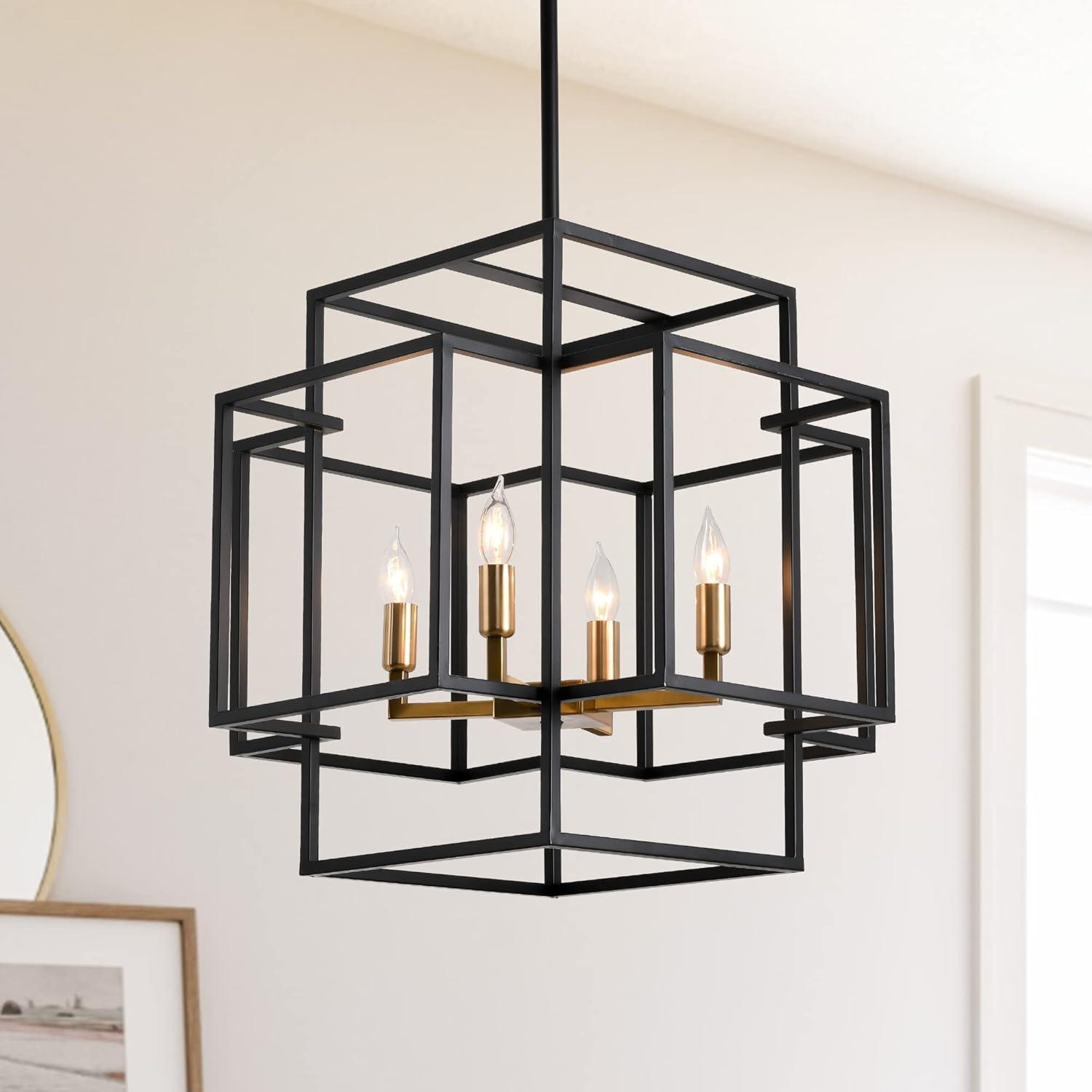 Black and Gold Metal Lantern Chandelier with Candle Bulbs