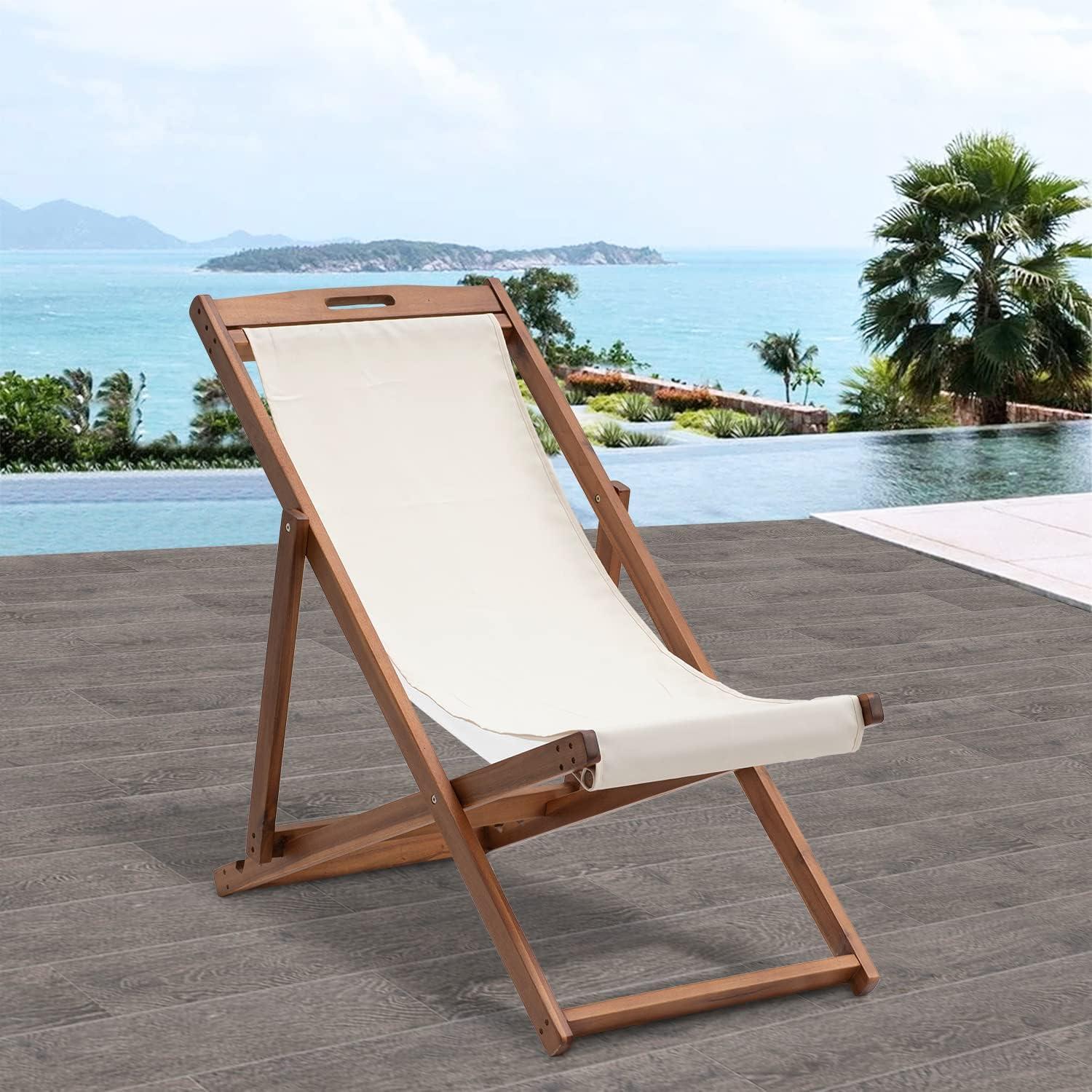 FDW Beach Sling Patio Chair for Relaxing, Foldable with Adjustable Height Made from Eucalyptus Wood with White Polyester