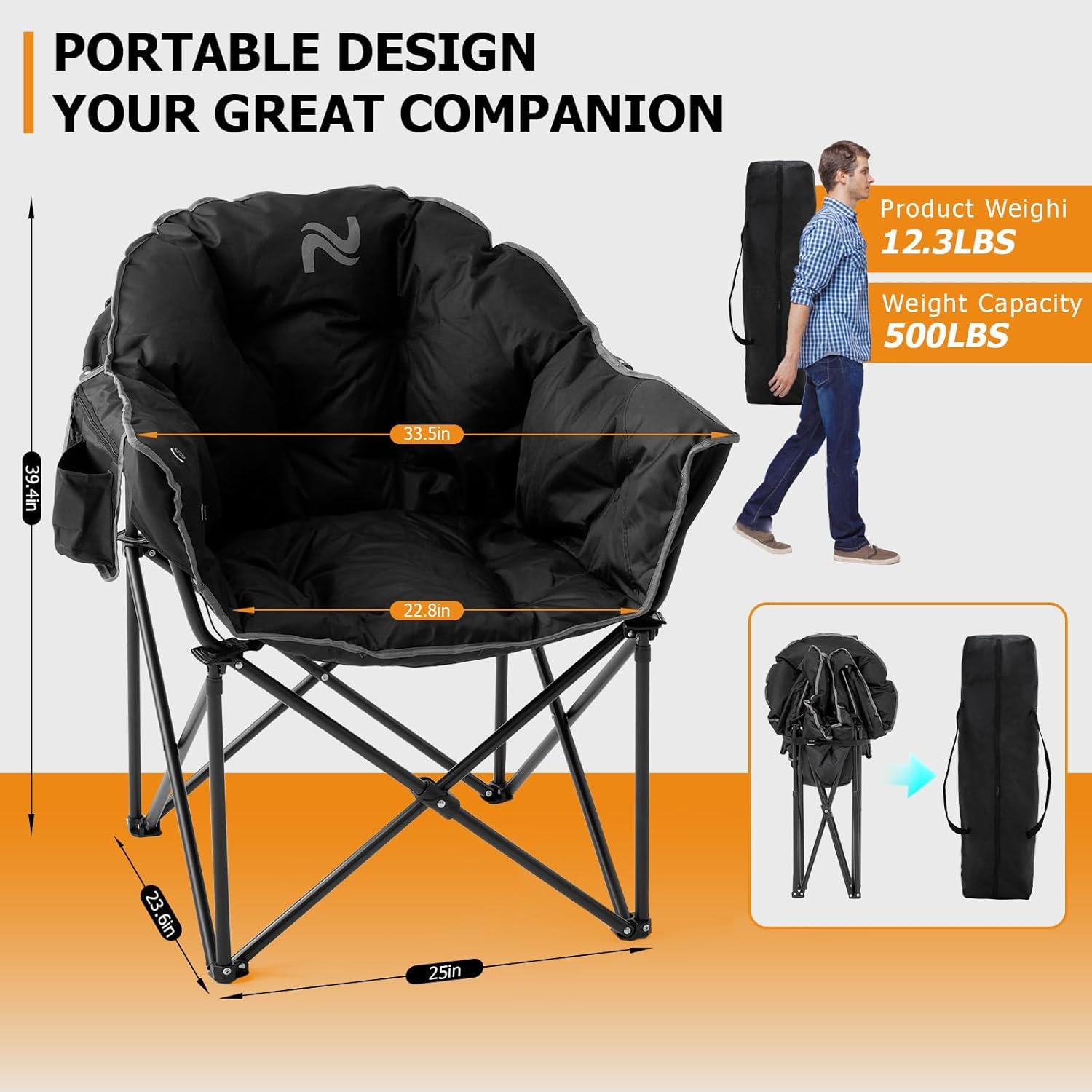 Black Oversized Heated Folding Camping Chair with Armrests