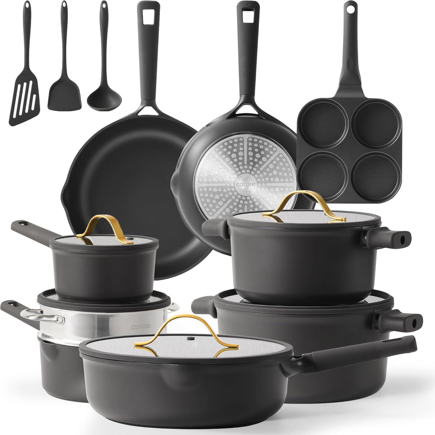 Carote 16 Pcs Nonstick Cookware Sets, Premium Pots and Pans Set, Easy to Clean, Grey and Gold