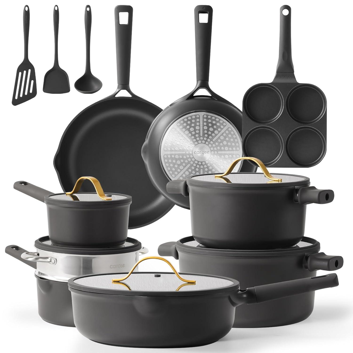 Carote 16 Pcs Nonstick Cookware Sets, Premium Pots and Pans Set, Easy to Clean, Grey and Gold