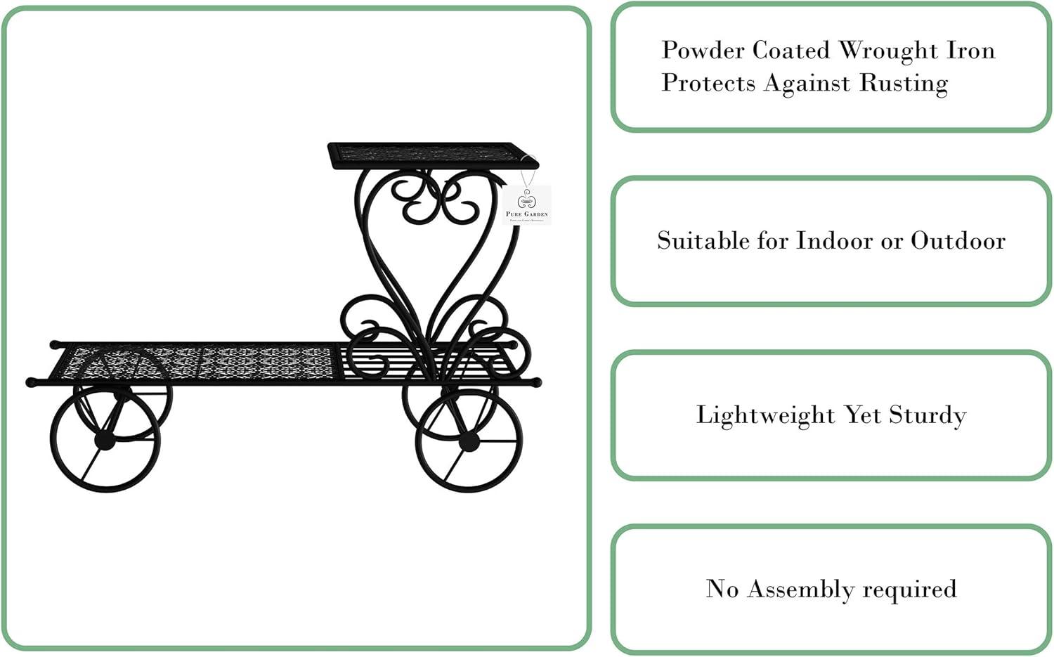 Plant Stand 2-Tiered Indoor or Outdoor Decorative Vintage Look Wrought Iron Garden Cart for Patio, Deck, Home or Lawn by Pure Garden (Black)