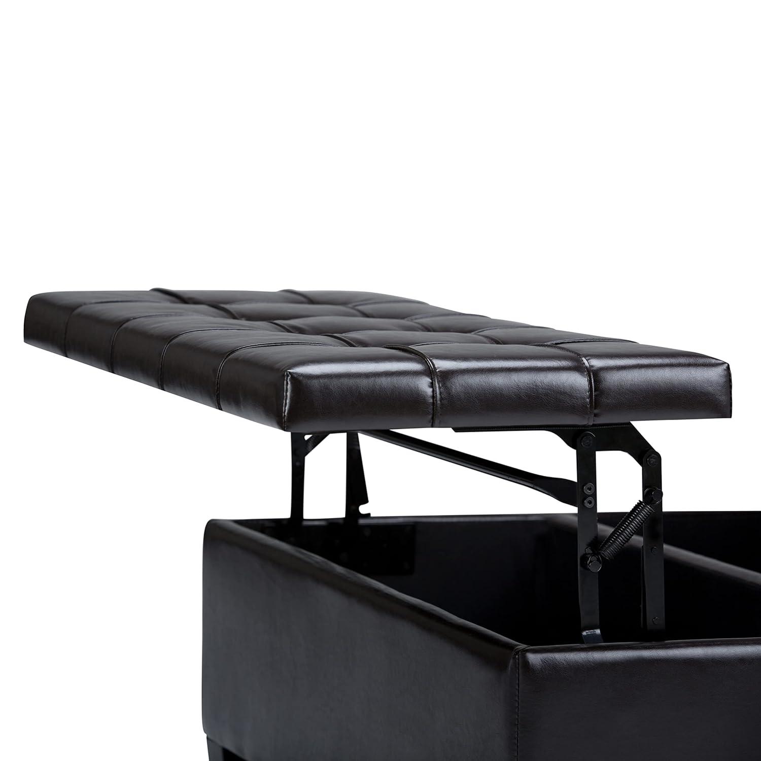 Simpli Home Harrison 36"W Upholstered Square Coffee Table Storage Ottoman with Split Lift Top