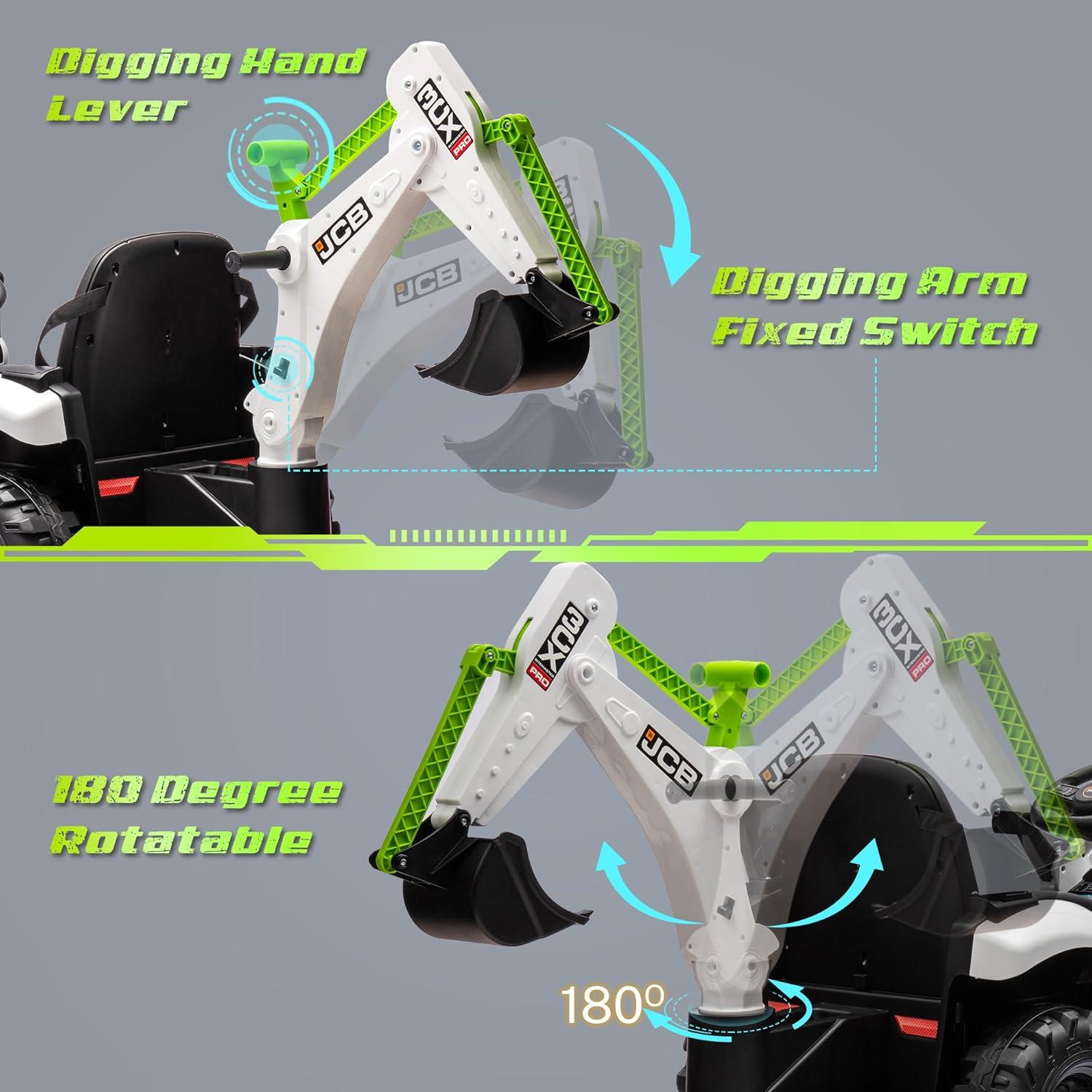 White and Green 12V Kids Ride-On Excavator with Remote Control