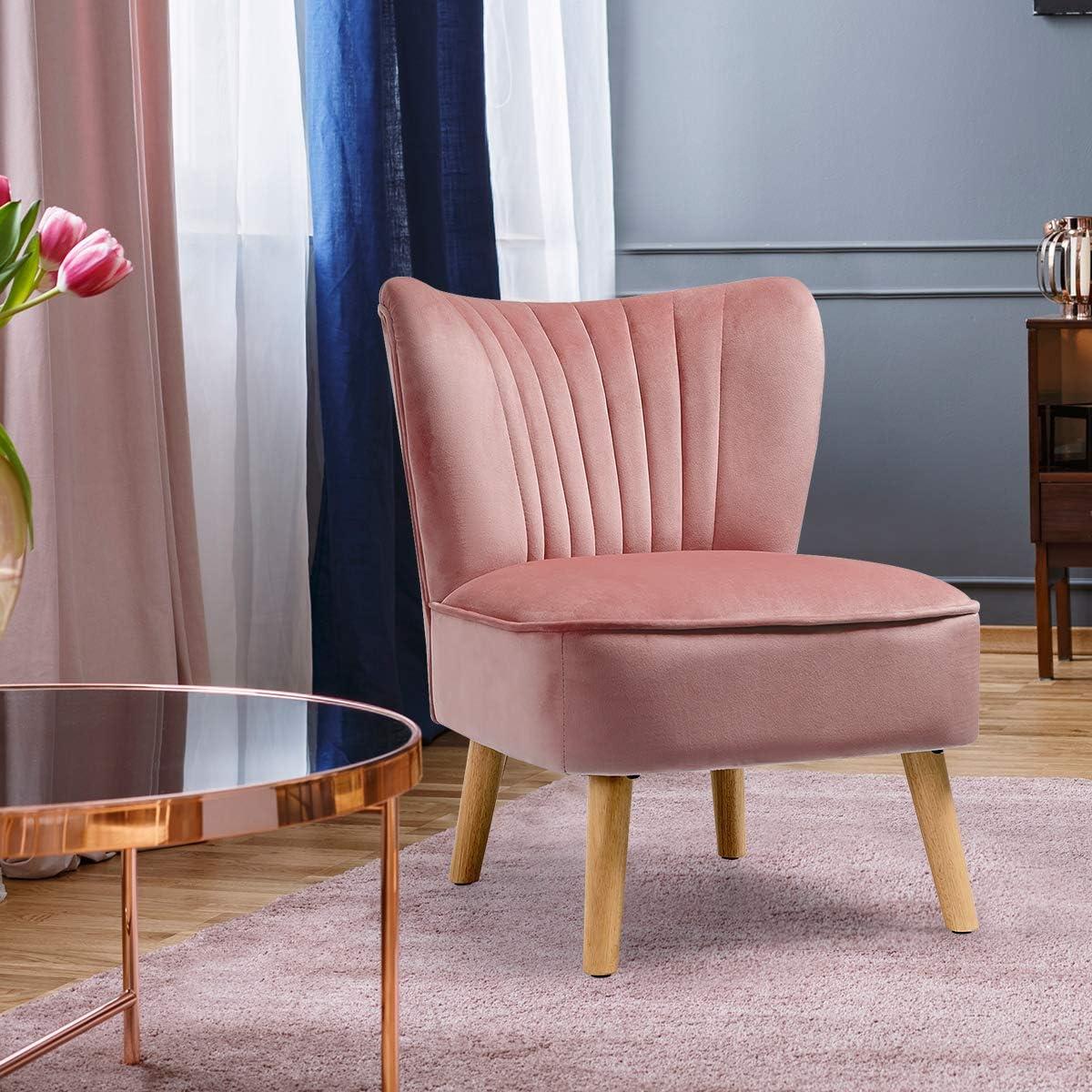 Pink Velvet Armless Accent Chair with Wood Legs