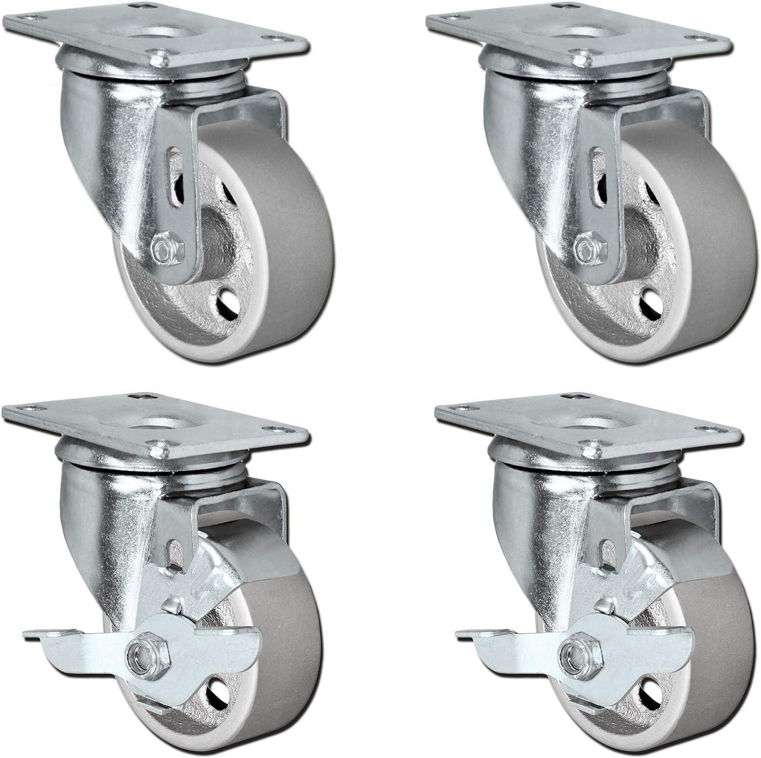 Set of 4 All Steel Swivel Plate Caster Wheels with Brakes Locking (3" Combo)