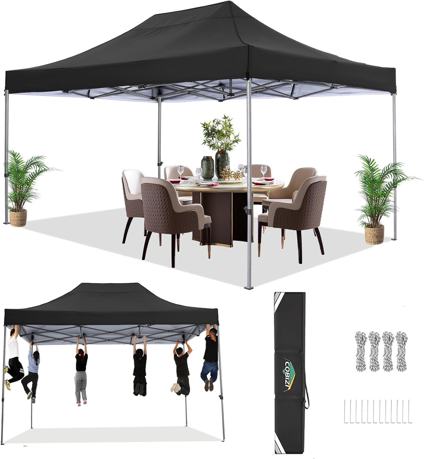 COBIZI 10x15 Heavy Duty Pop-up Canopy Tent with Adjustable Height, UPF 50+ Waterproof and Instant Outdoor Shelter, Outdoor Canopy for Beach,Party,Camping Includes 4 Sandbags and Carrying Bag,Black