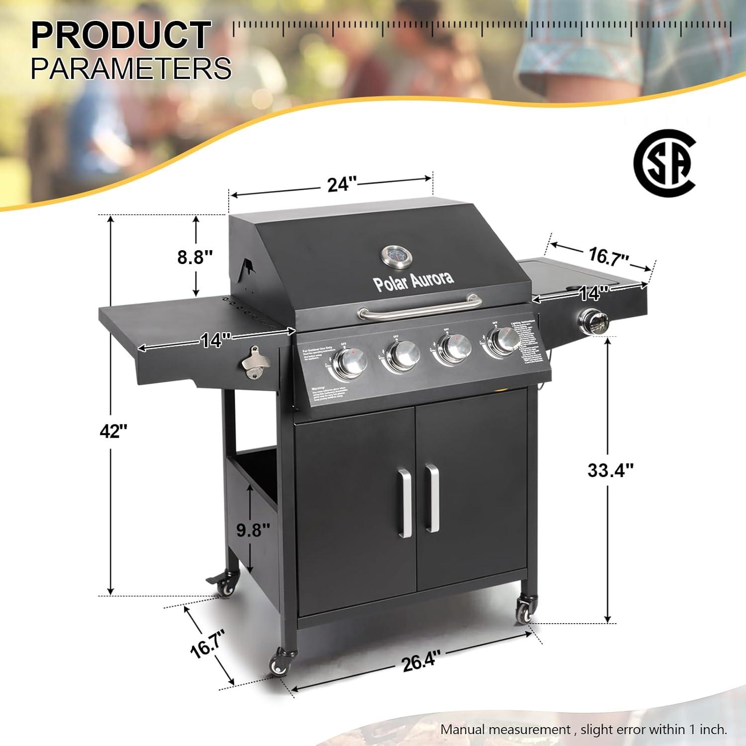 Black Stainless Steel 4-Burner Propane Gas Grill with Side Burner