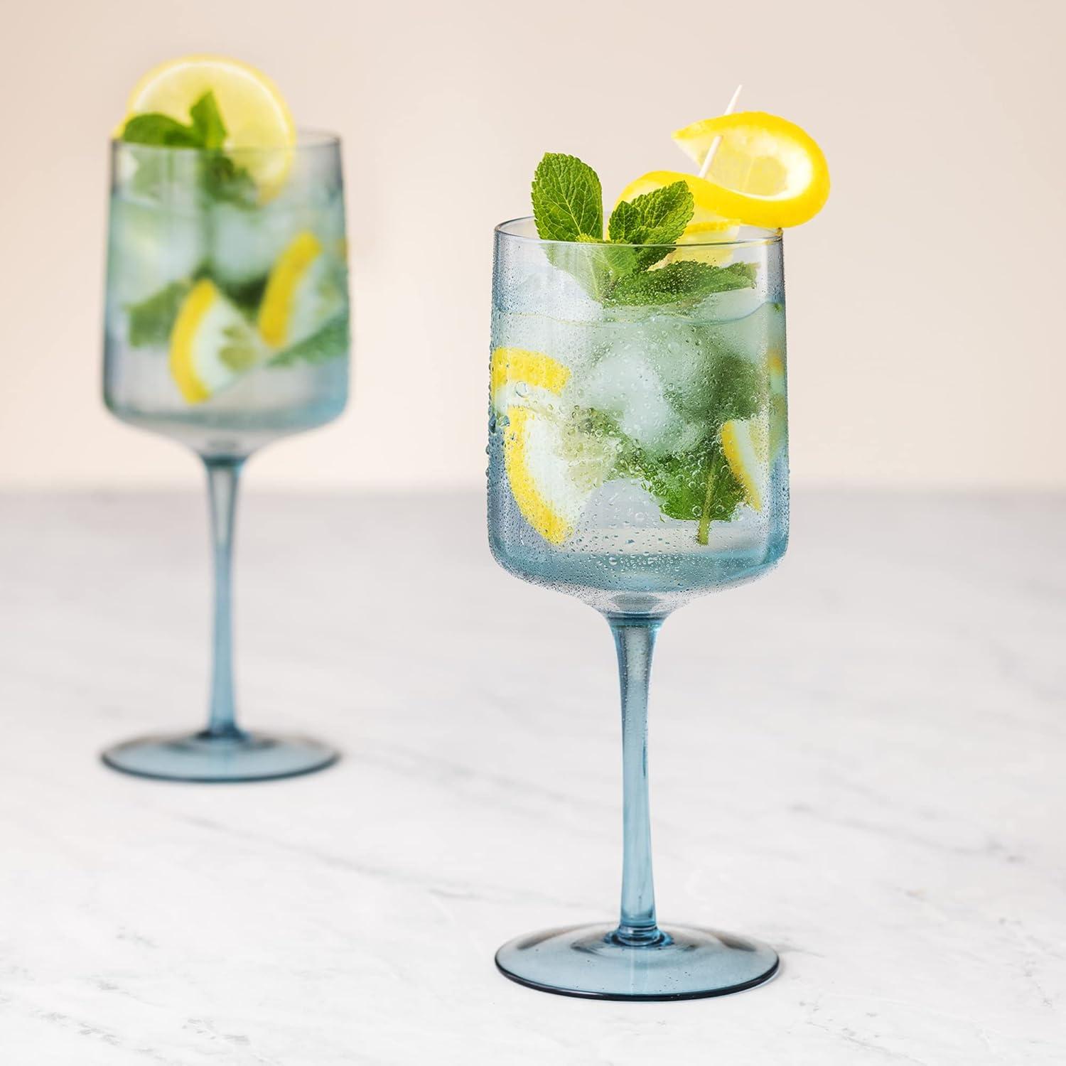 Navaris Blue Square Wine Glasses (Set of 4) - Colored Wine Glasses with Stems - Colored Glassware with Stem for Serving Wine, Cocktails, Beer, Dessert