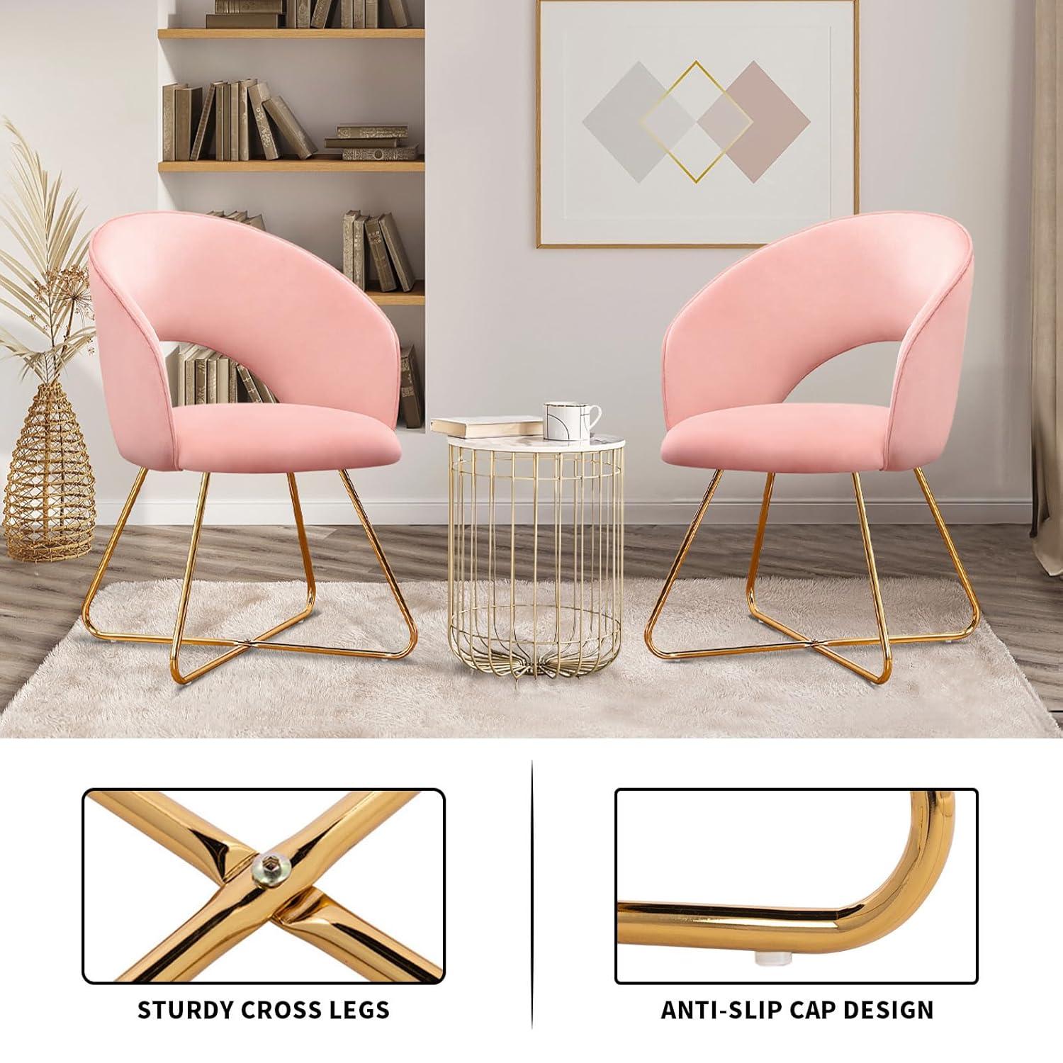 Furniliving  Velvet Upholstered Accent Chair Mid-Back Leisure Chairs Makeup Vanity Stool  , Pink