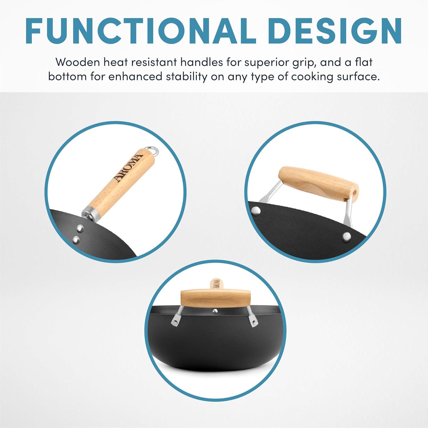 Aroma Housewares 14" Heavy Duty Carbon Steel Cookware (ANW-102) Non-Stick Wok, black