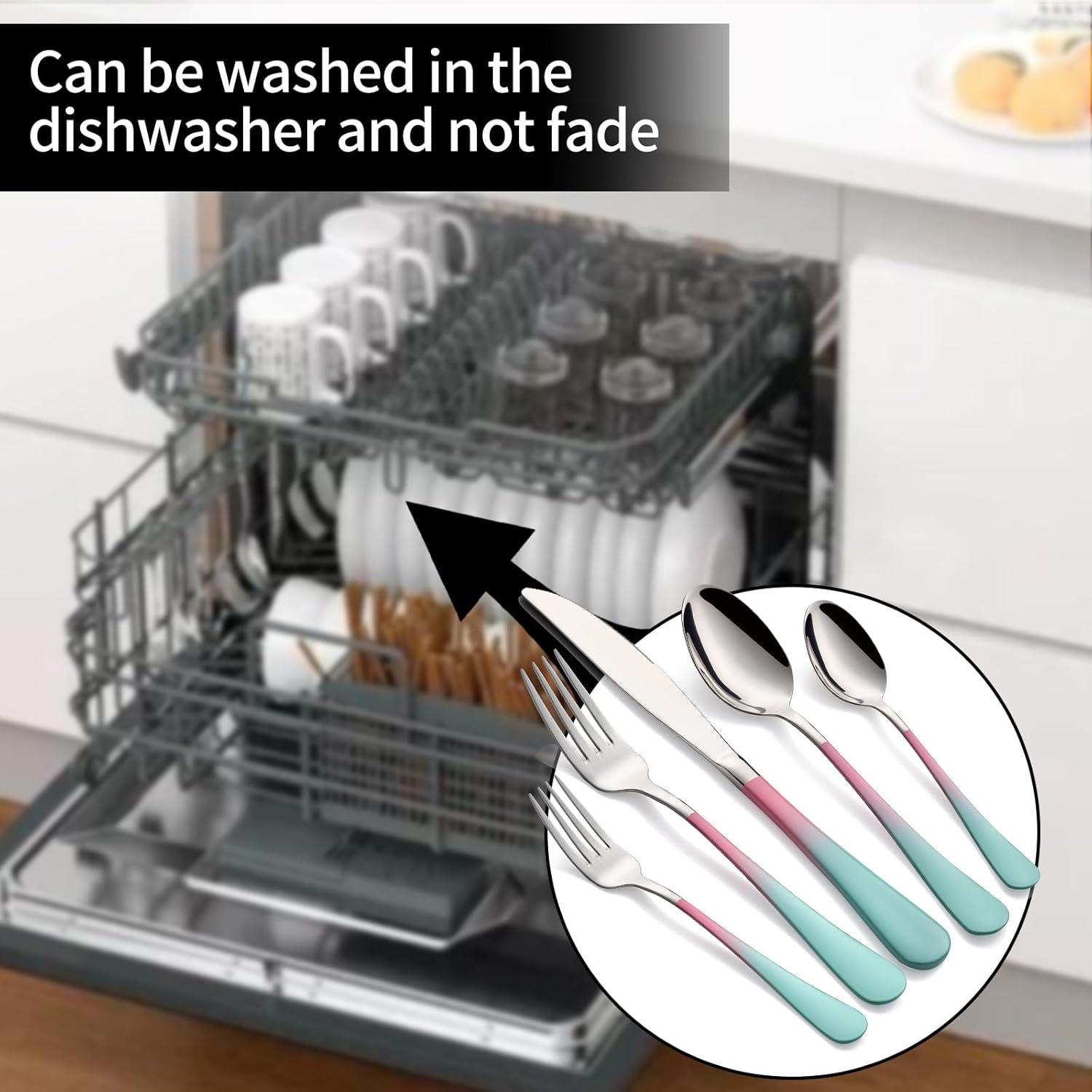 20-Pieces color Silverware Sets for 4,Pink and Green Handle Stainless Steel Cutlery Set, Include Forks Spoons and Knives Set, Dishwasher Safe Utensil Sets for Home Restaurant