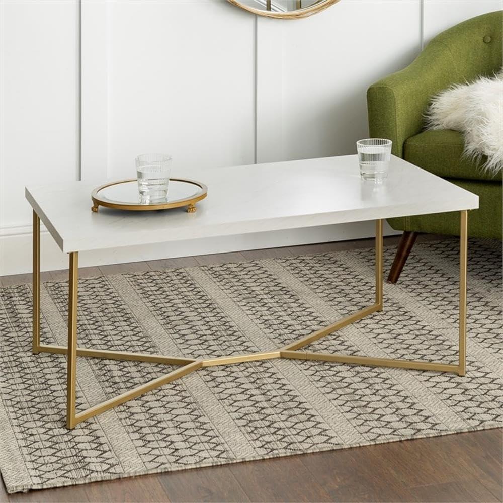 Walker Edison Rectangle Modern Faux Marble and Metal Coffee Table in White/Gold