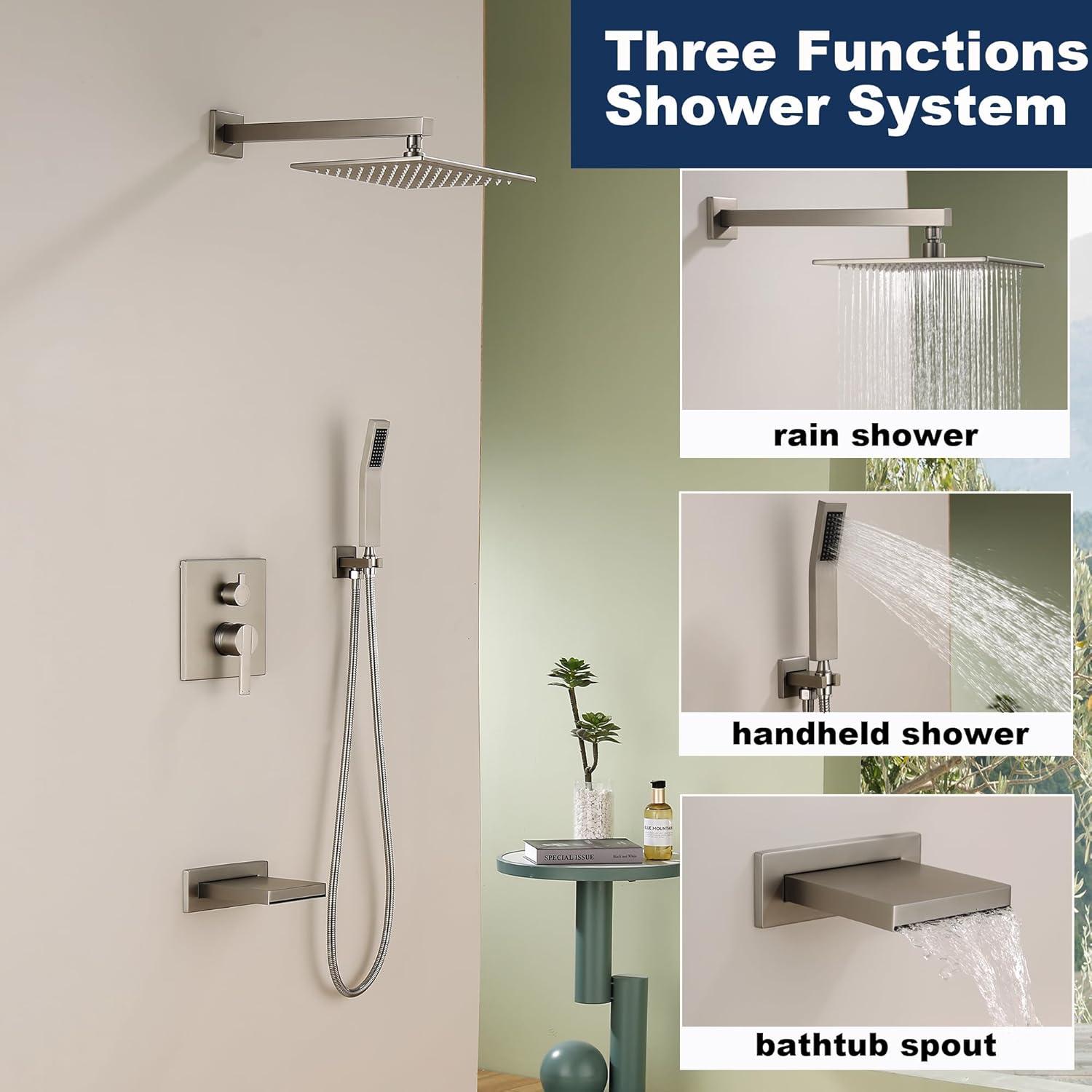 AWZTOO Wall Mounted Shower Faucet With Hand Shower Modern Shower System Set 10 Inch Rainfall Shower Head With Pressure Balance Valve Brushed Nickel