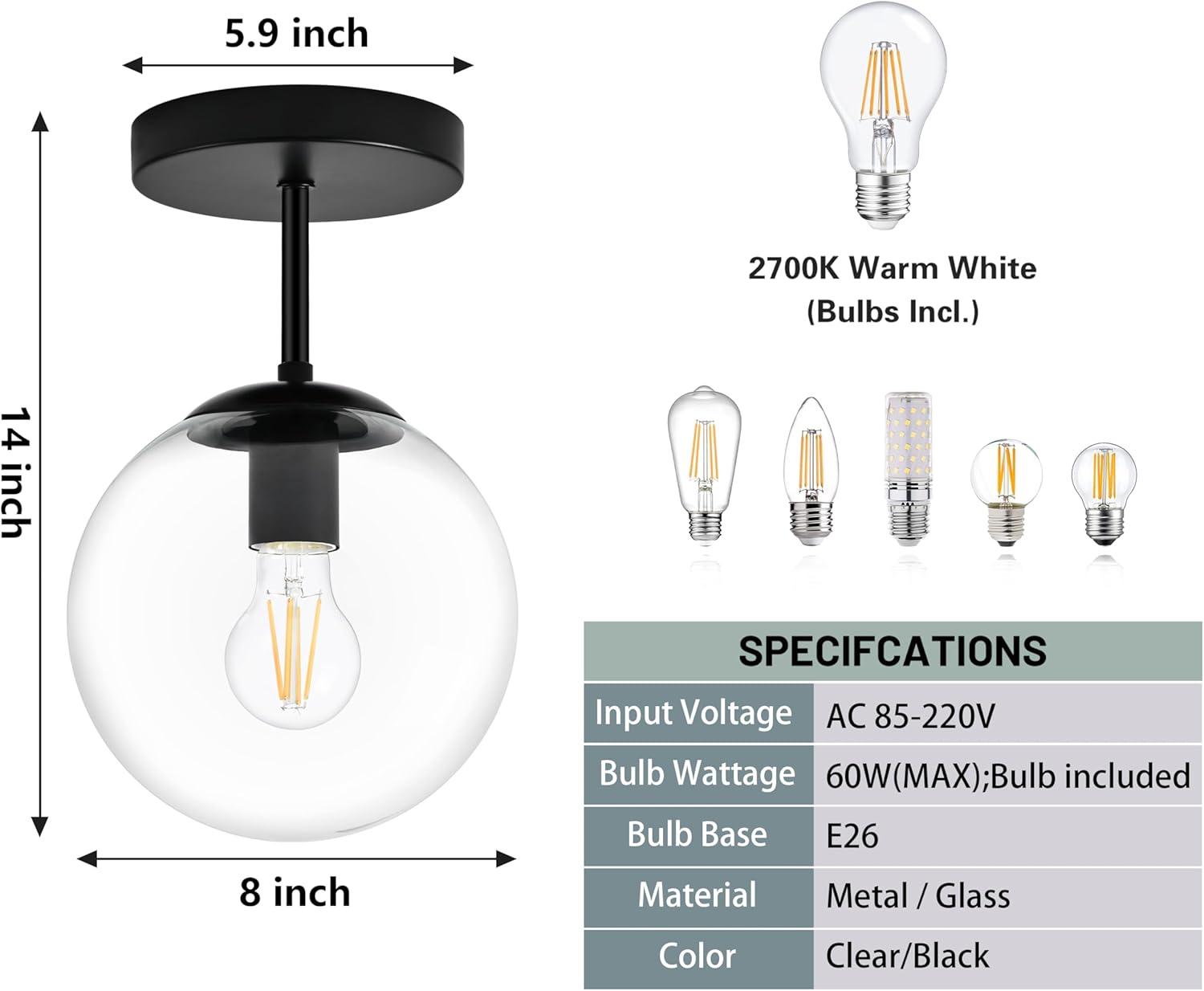 Henn&Hart 9" Matte Black Metal/Glass Semi Flush Mount