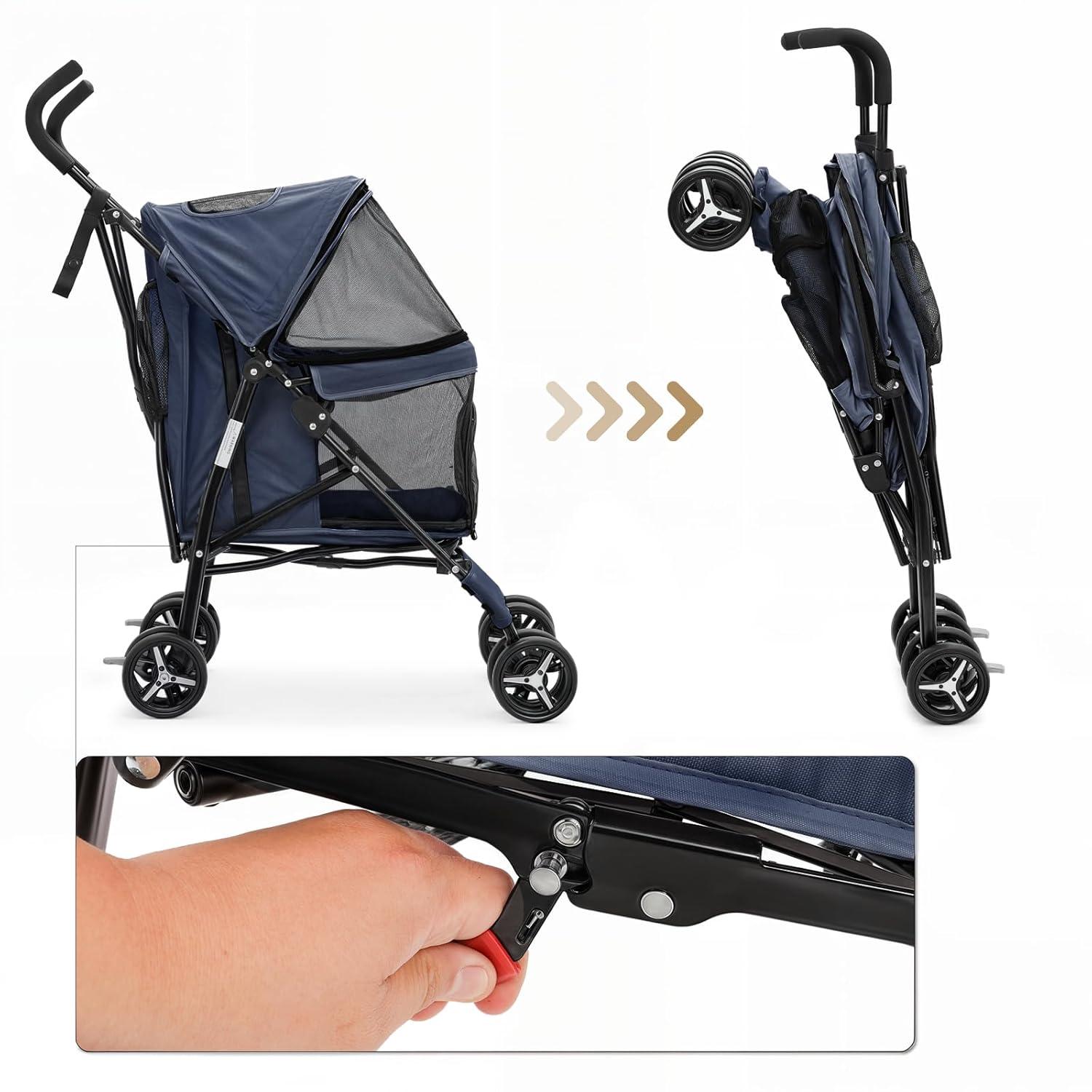 MoNiBloom 4 Wheel Folding Pet Stroller, Foldable Dog Jogger Stroller with Adjustable Canopy and Mesh Window