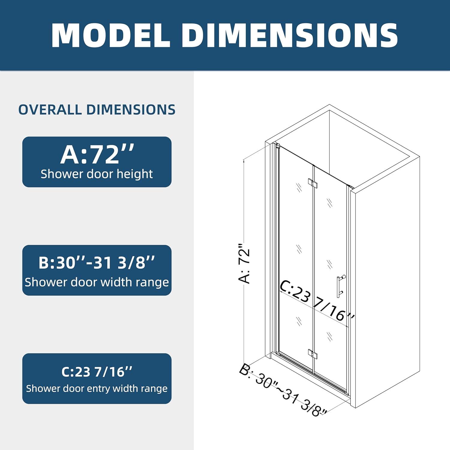 34'' W x 72'' HFolding Frameless Shower Door with Tempered Glass