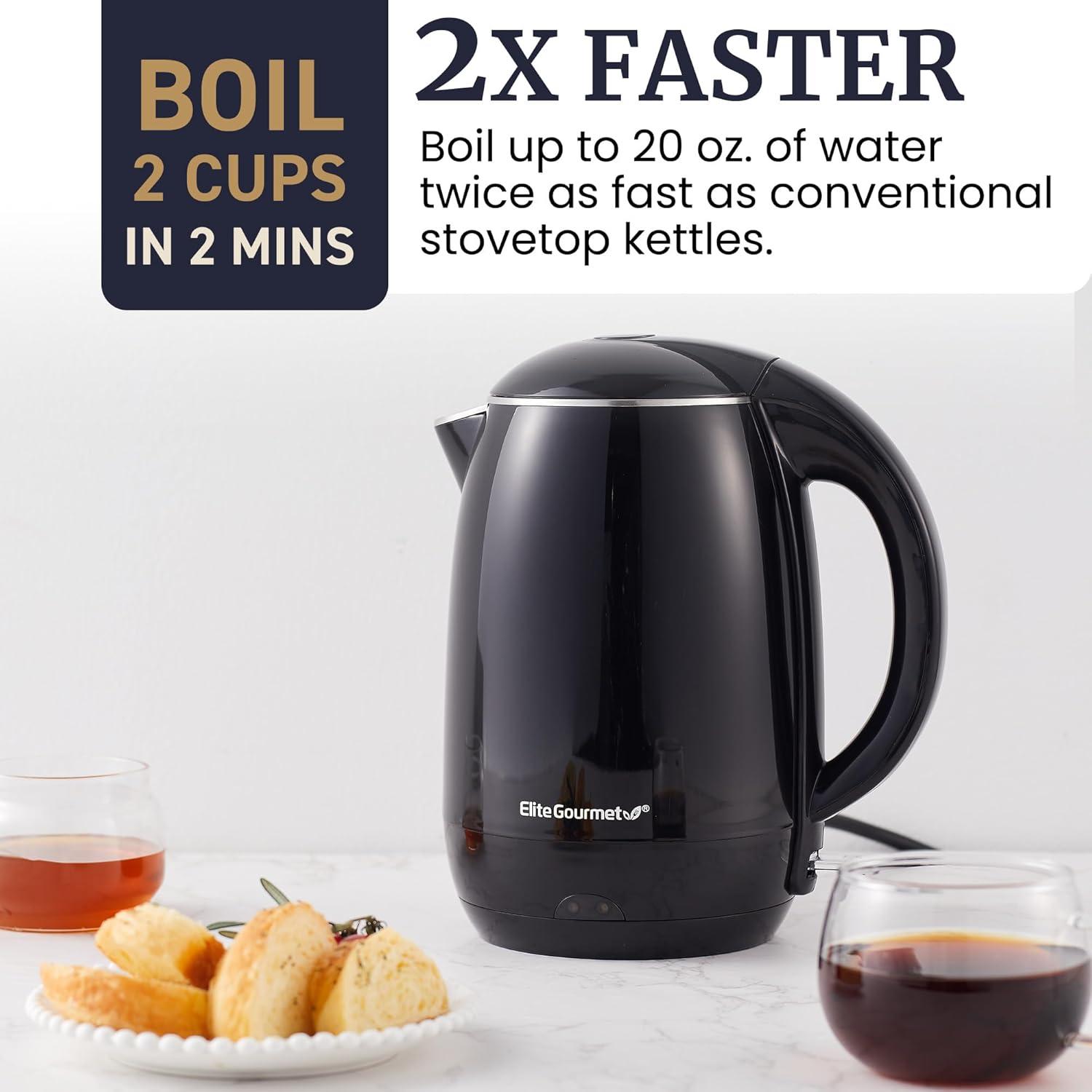 Elite Gourmet 1.8L Cool-Touch Electric Kettle, Stainless Steel, Black