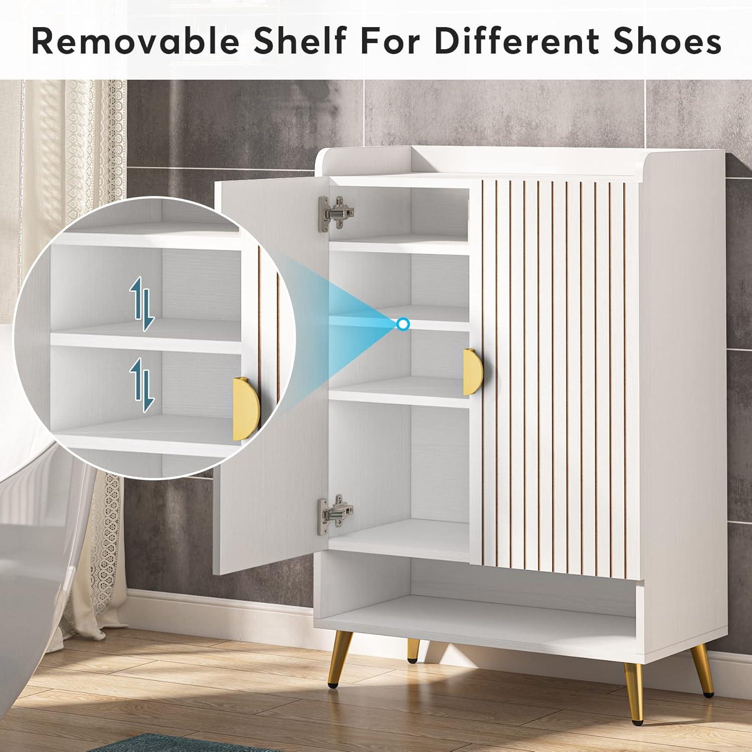 Shoe Cabinet with Doors, 6-Tier Shoe Storage Cabinet with Adjustable Shelves, Wooden Shoes Rack Shoe Storage Organizer for Entryway, Hallway, Closet, Living Room, White & Gold