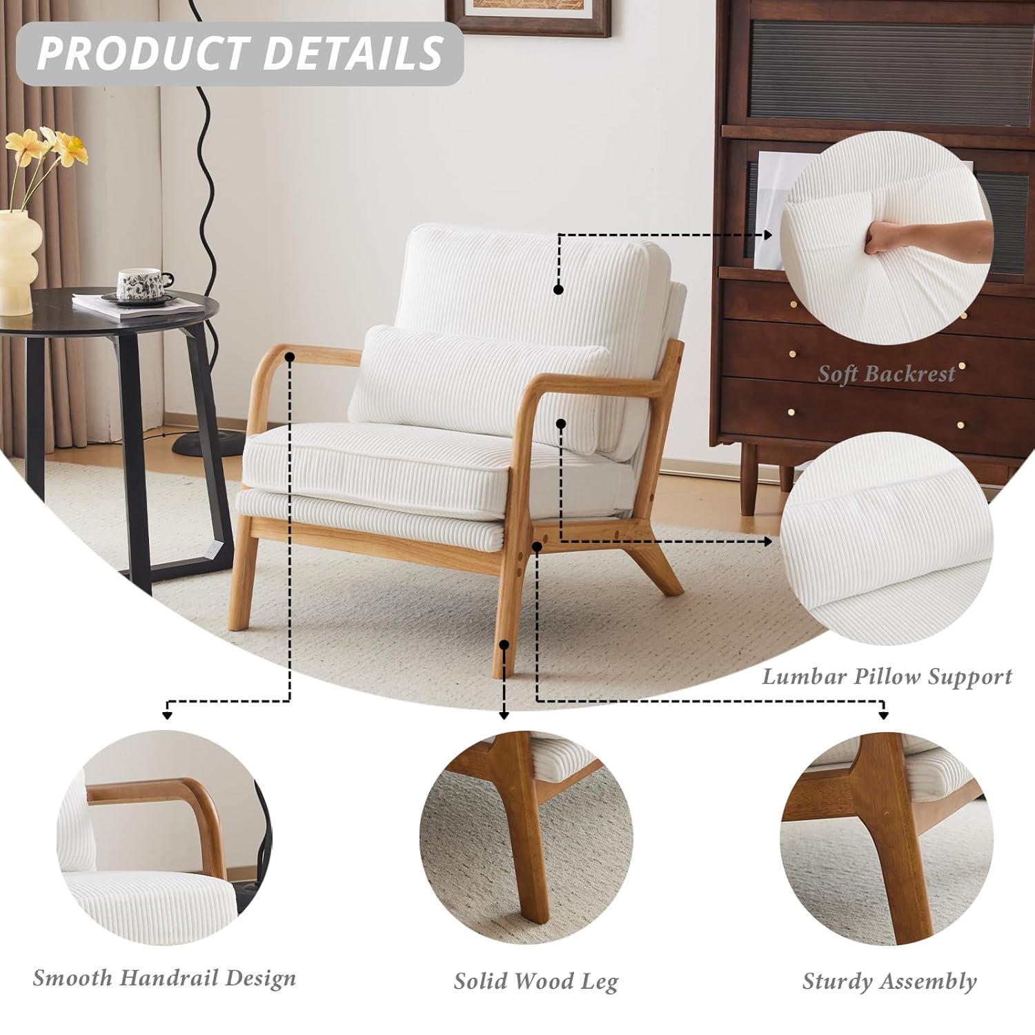 YODOLLA  Fabric Accent Chair Mid-Century Modern Upholstered Arm Chair Set of 2 for Living Room in White