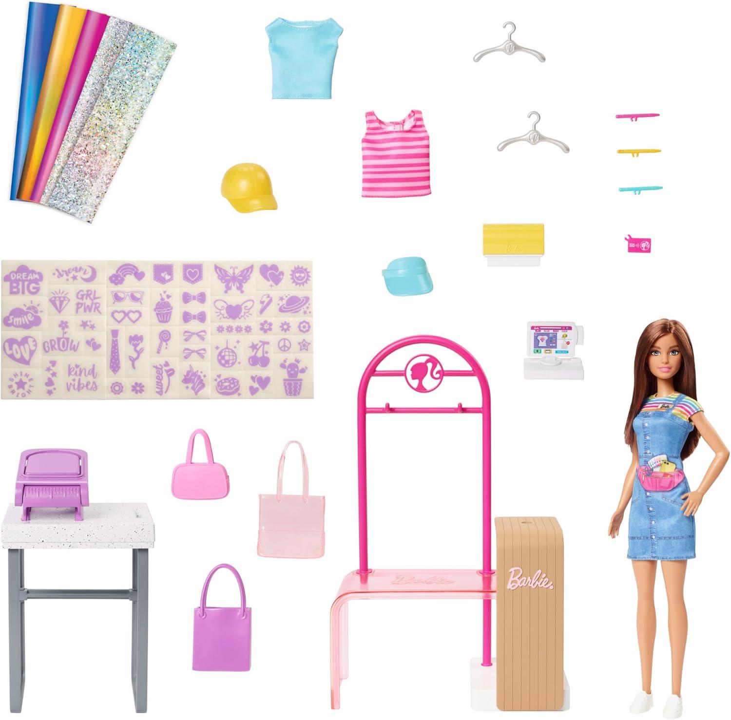 Barbie Make & Sell Boutique Playset with Brunette Doll, Foil Design Tools, Clothes & Accessories