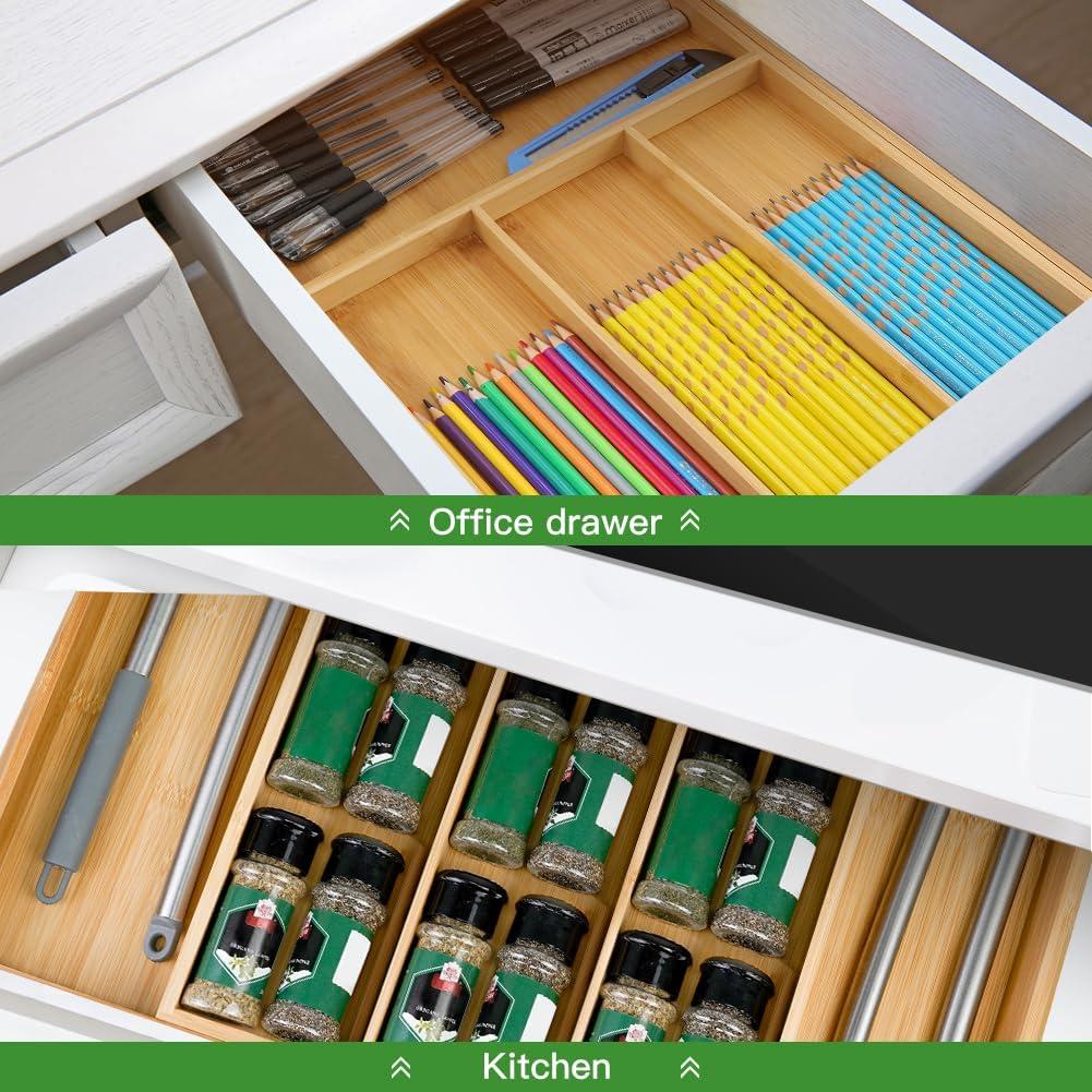 Bamboo Silverware Organizer, Expandable Kitchen Drawer Organizer for Cutlery, Wooden Utensil Holder, Multi-Function Drawer Storage, 5-7 Compartments