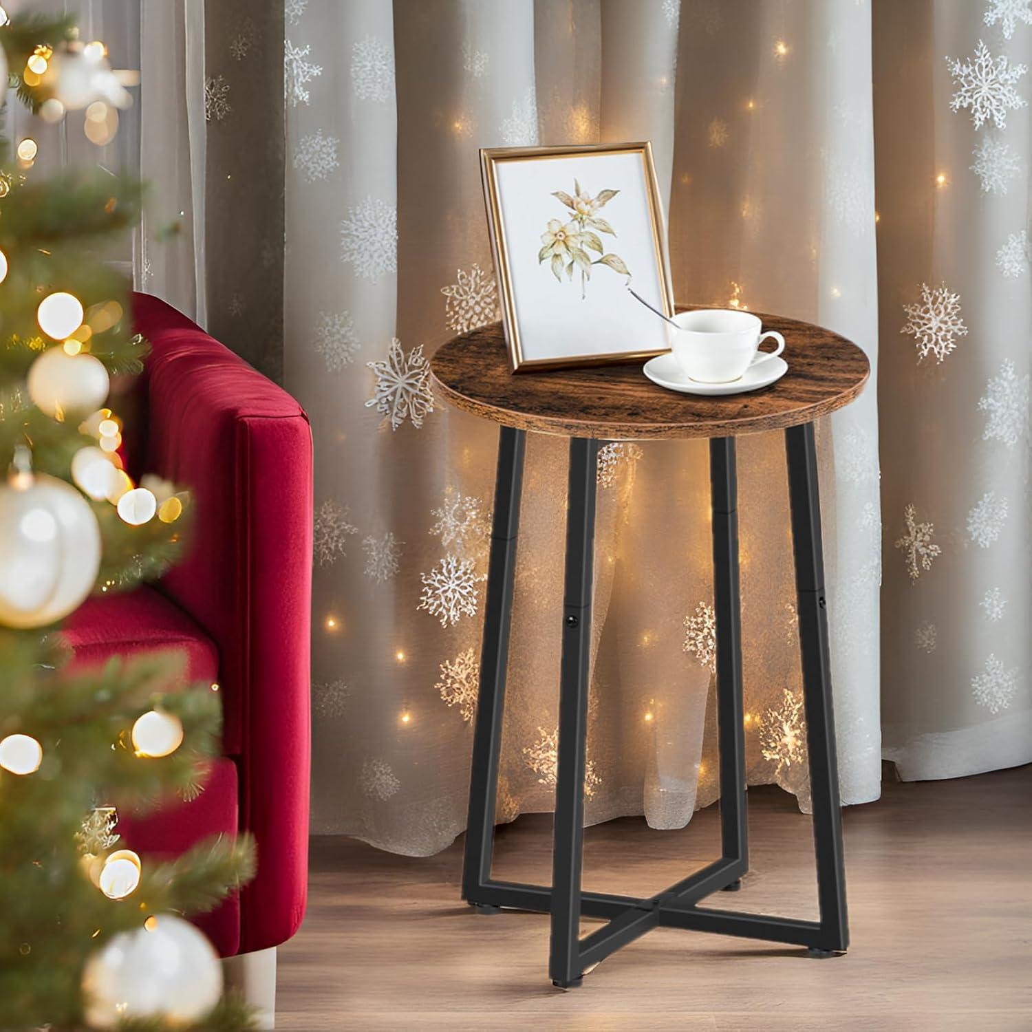 Rustic Brown Round Side Table with Black Metal Frame