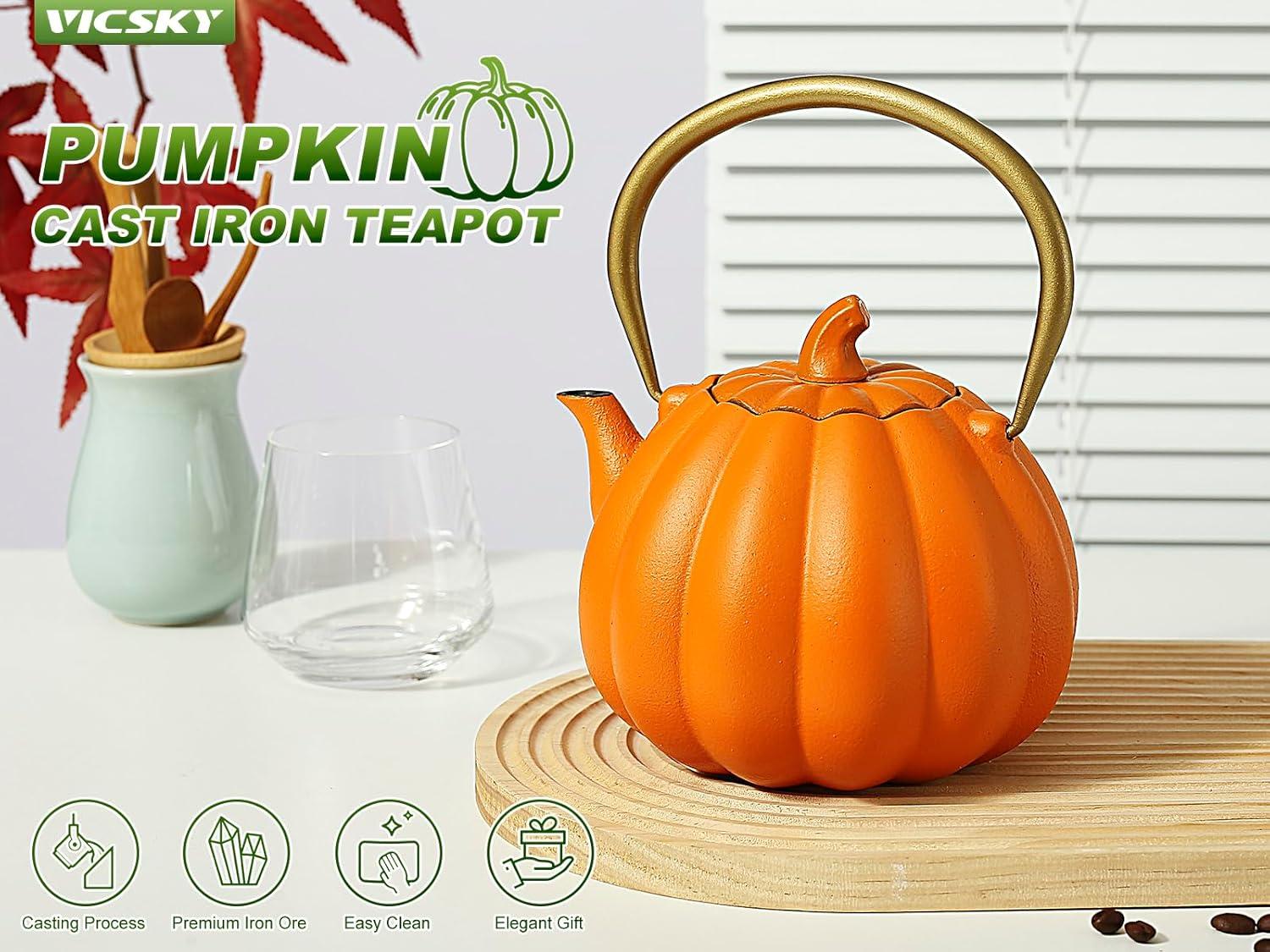 Ophelia & Co. Orange Pumpkin Cast Iron Teapot, Natural Pumpkin Color, Japanese Cast Iron Tea Kettle Stovetop Safe With Infuser, Creative Pumpkin Halloween Teapot(40Oz/1200Ml, Orange)