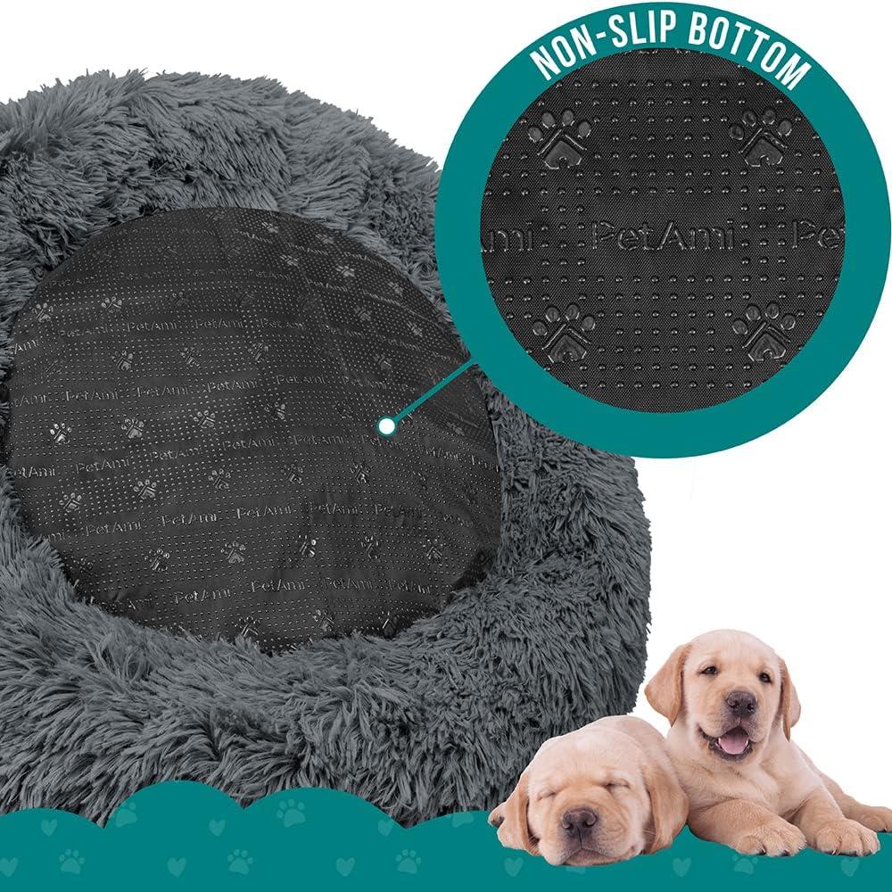 PetAmi Calming Dog Bed for Puppy Cat Kitten, Round Washable Pet Bed, Anti Anxiety Cuddler, Fluffy Plush Circular Donut Bed (Gray, Medium - 30")