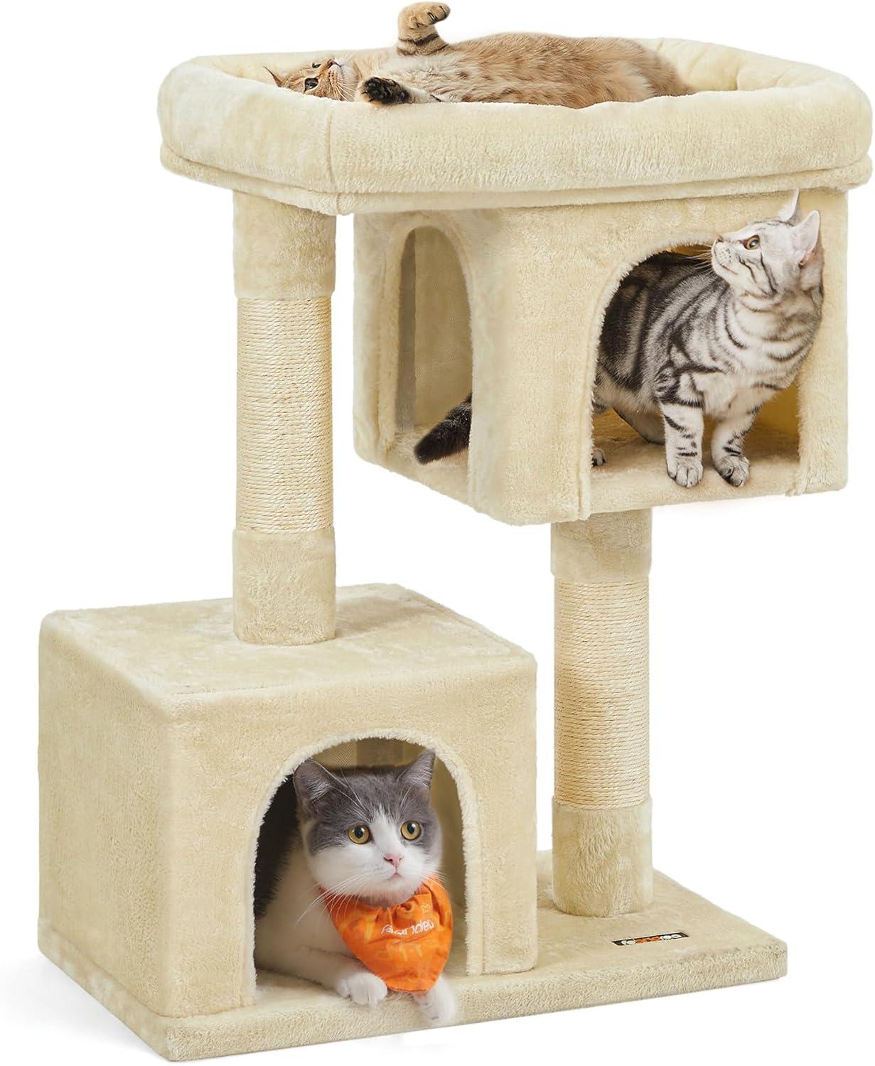 Feandrea Cat Tree 33.1-Inch Cat Tower for Large Cats up to 16 lb, Large Perch, 2 Cat Caves, Scratching Post, Beige