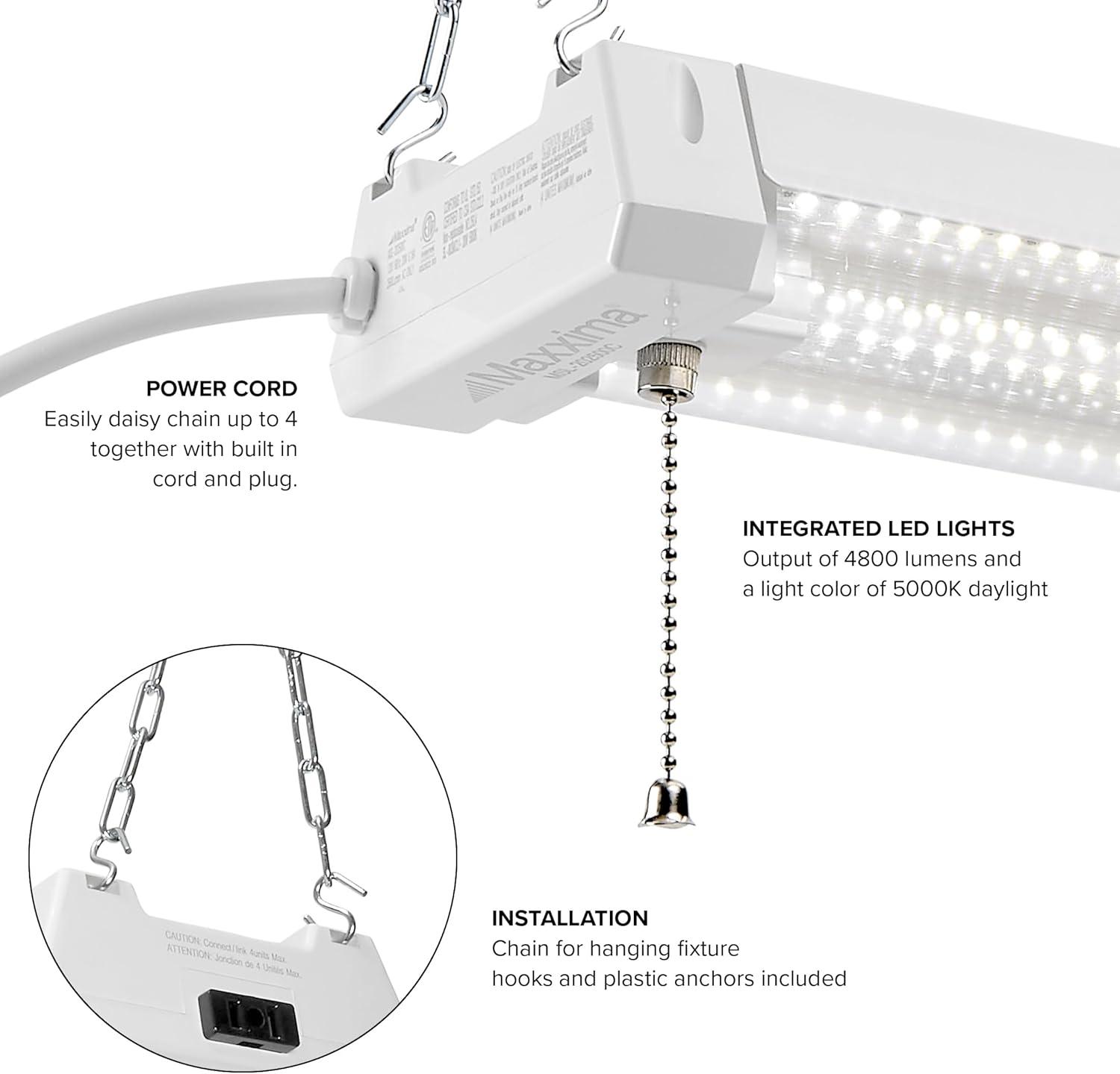 Maxxima 4 ft. Utility LED Shop Light Fixture - 40 Watt, Linkable, Clear Lens 5000K Daylight 4800 Lumens, Plug in, Pull Chain, Ideal for Garage and Workshop Lighting, Energy Star