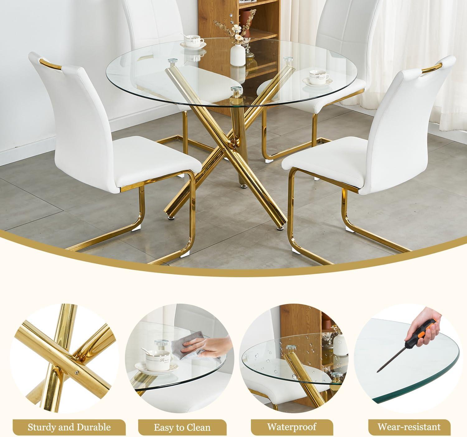 Modern White PU Leather Dining Set with Gold Base and Glass Top