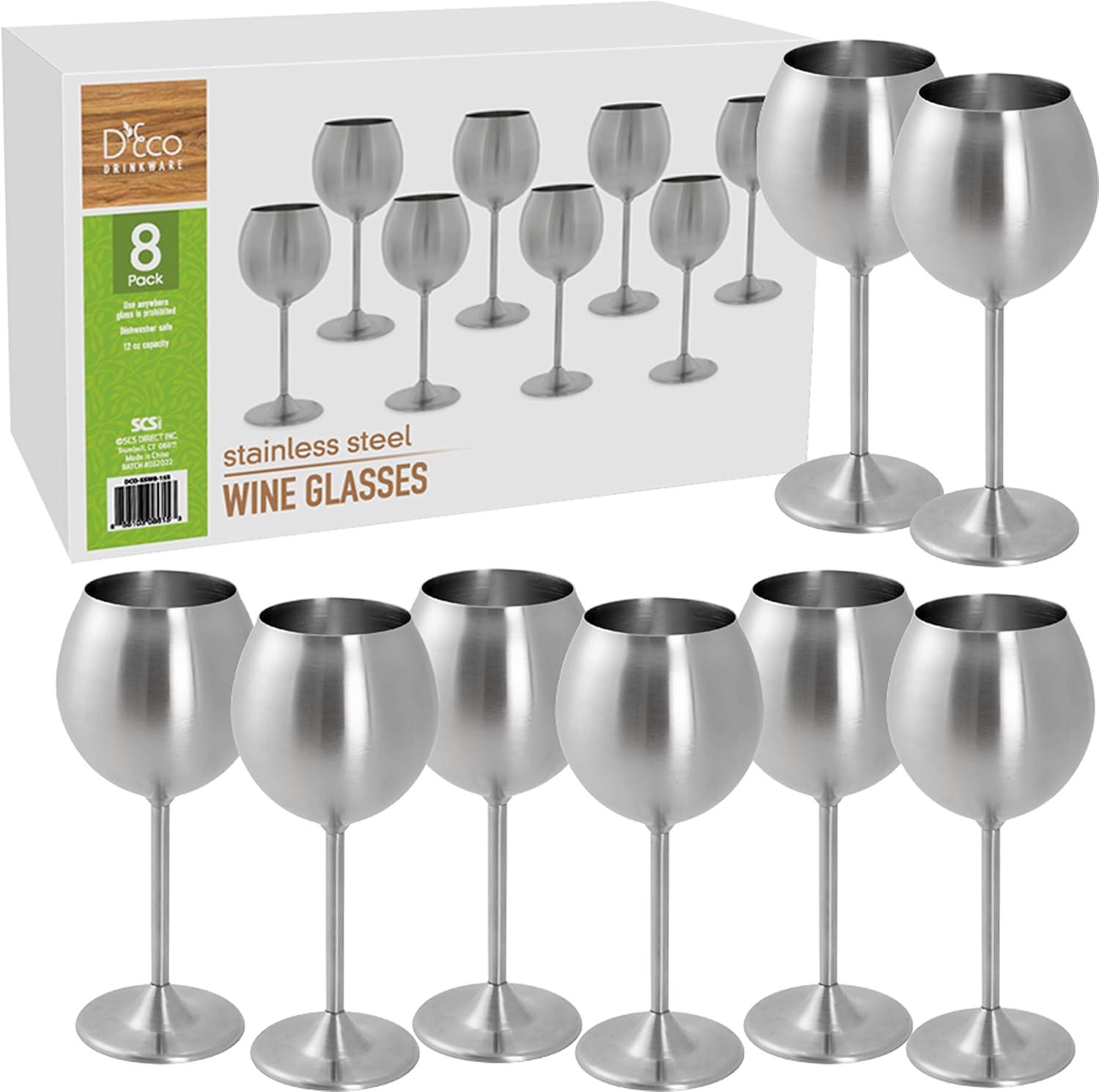 D'Eco Unbreakable 12 Oz Stainless Steel Wine Glasses (8 Pack) Large Stemmed Matte Silver Wine Goblets - Reusable Drinkware - Great Mother's Day Gift