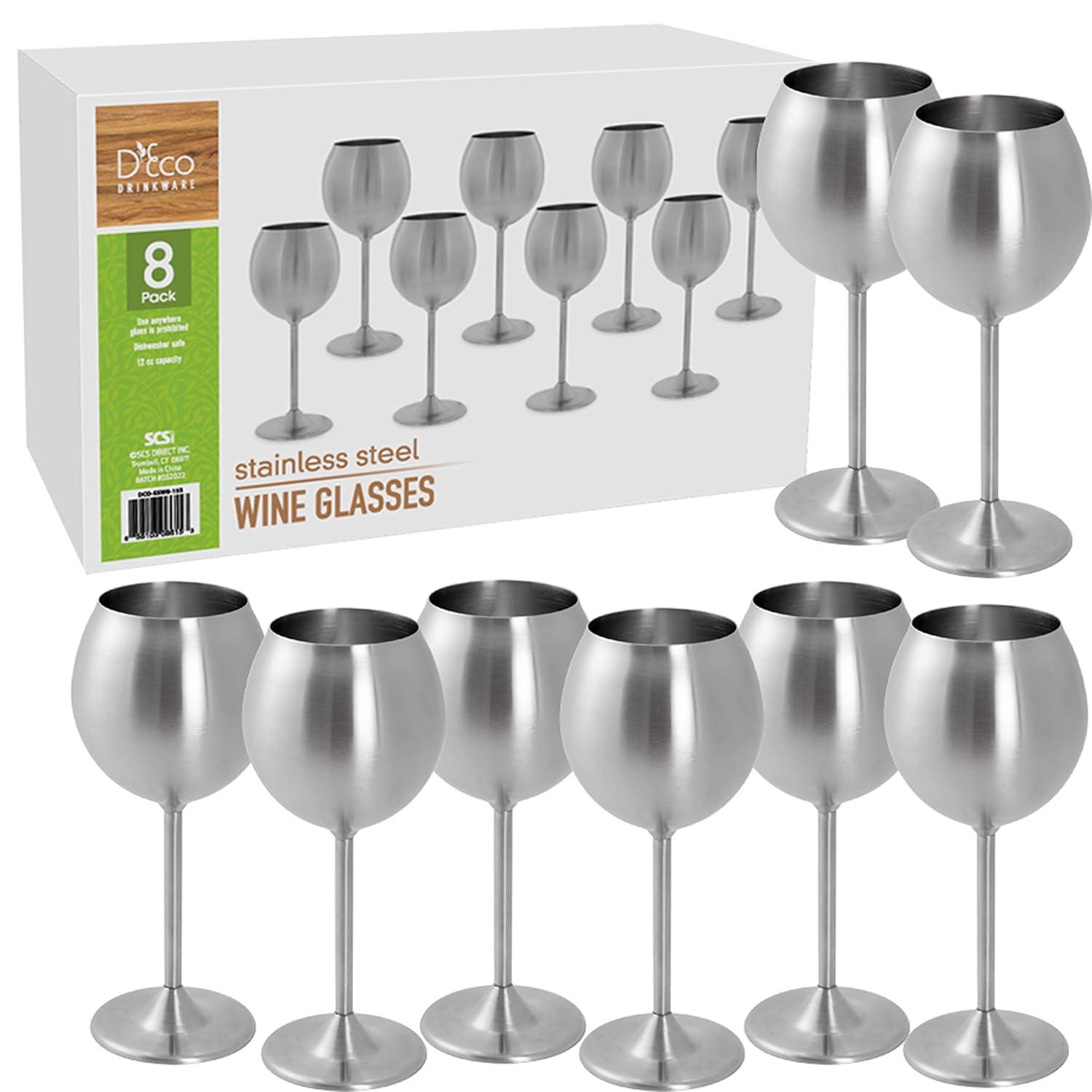 D'Eco Unbreakable 12 Oz Stainless Steel Wine Glasses (8 Pack) Large Stemmed Matte Silver Wine Goblets - Reusable Drinkware - Great Mother's Day Gift