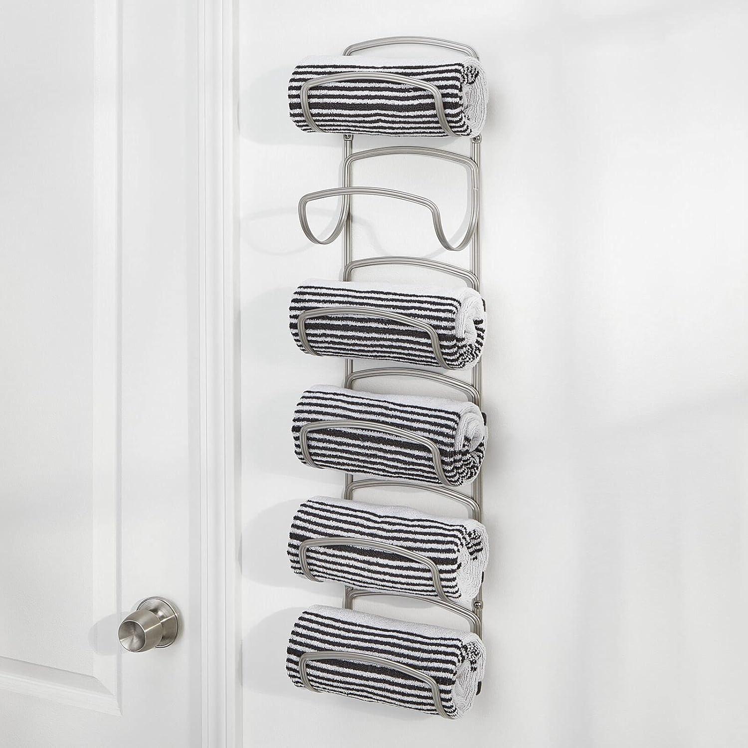 mDesign Steel Towel Holder for Bathroom Wall - Wall Mounted Organizer - Satin