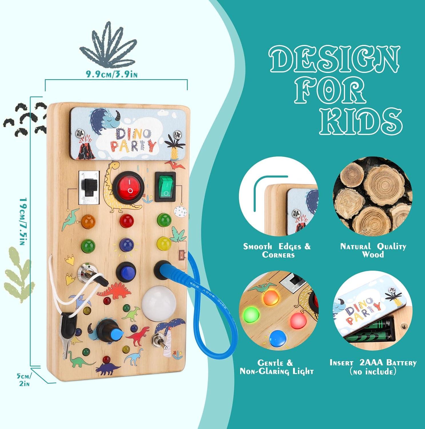 Montessori Wooden Busy Board with 8 LED Light switches, Sensory Toys Light Switch Travel Toys for 1+ Year Old Baby and Toddler