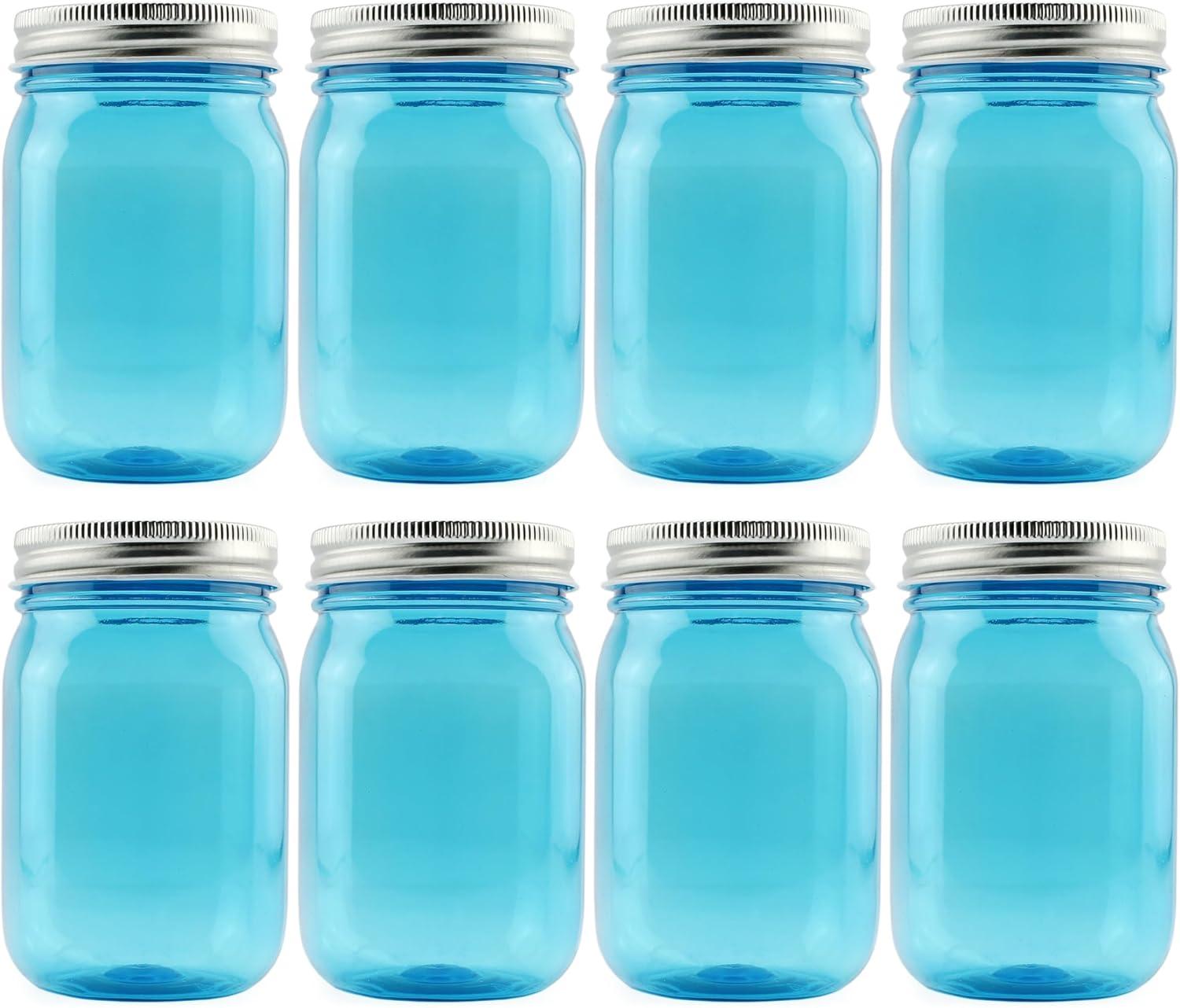 Cornucopia Brands 16oz Plastic Mason Jars 8pk, Blue/Silver; Mason Jar Style w/ Metal Lids, Pint Size, Compatible w/ Regular Mason Jar Lids