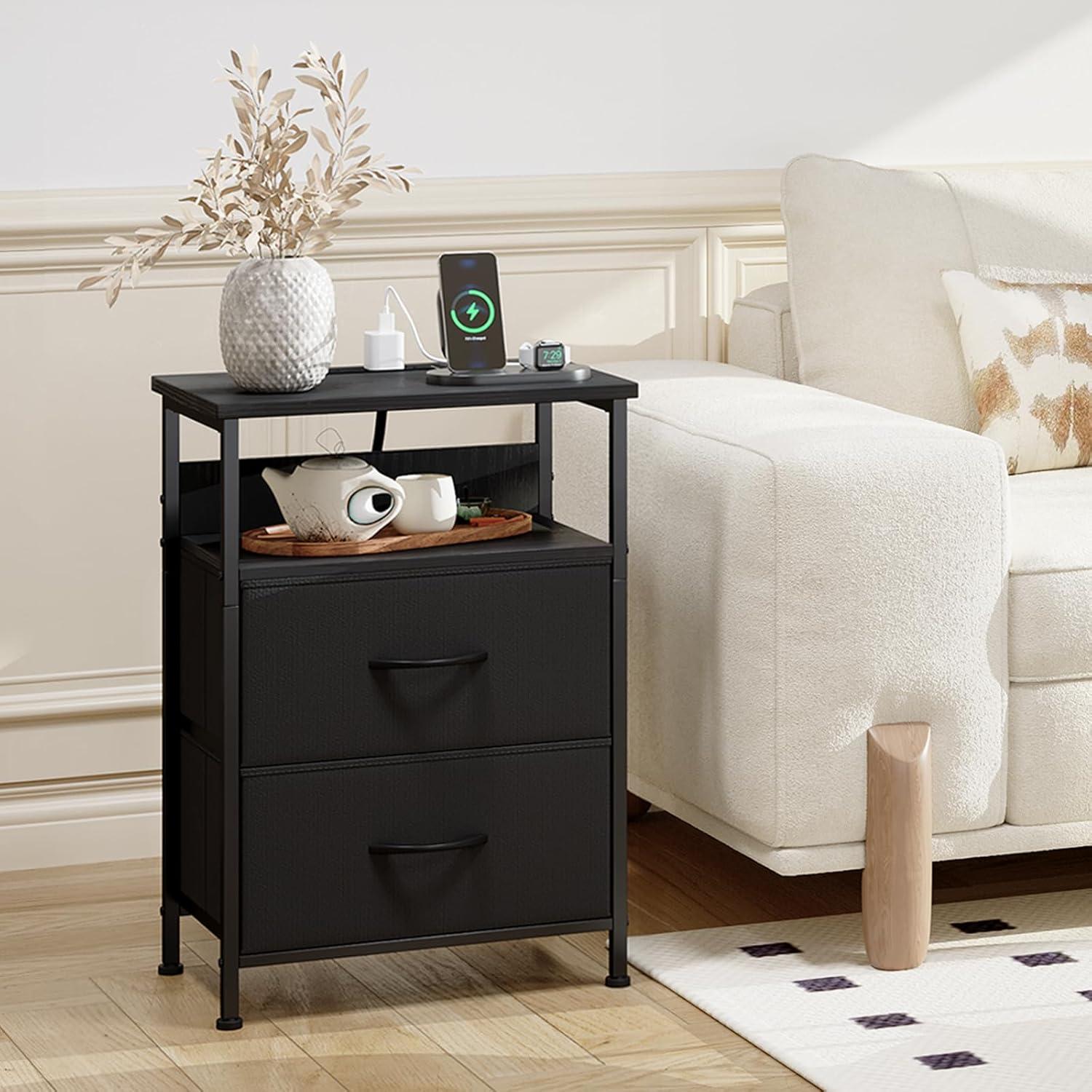 Eunos Black Dresser for Bedroom, 4 Drawer Nightstand with Charging Station, LED and Open Shelf